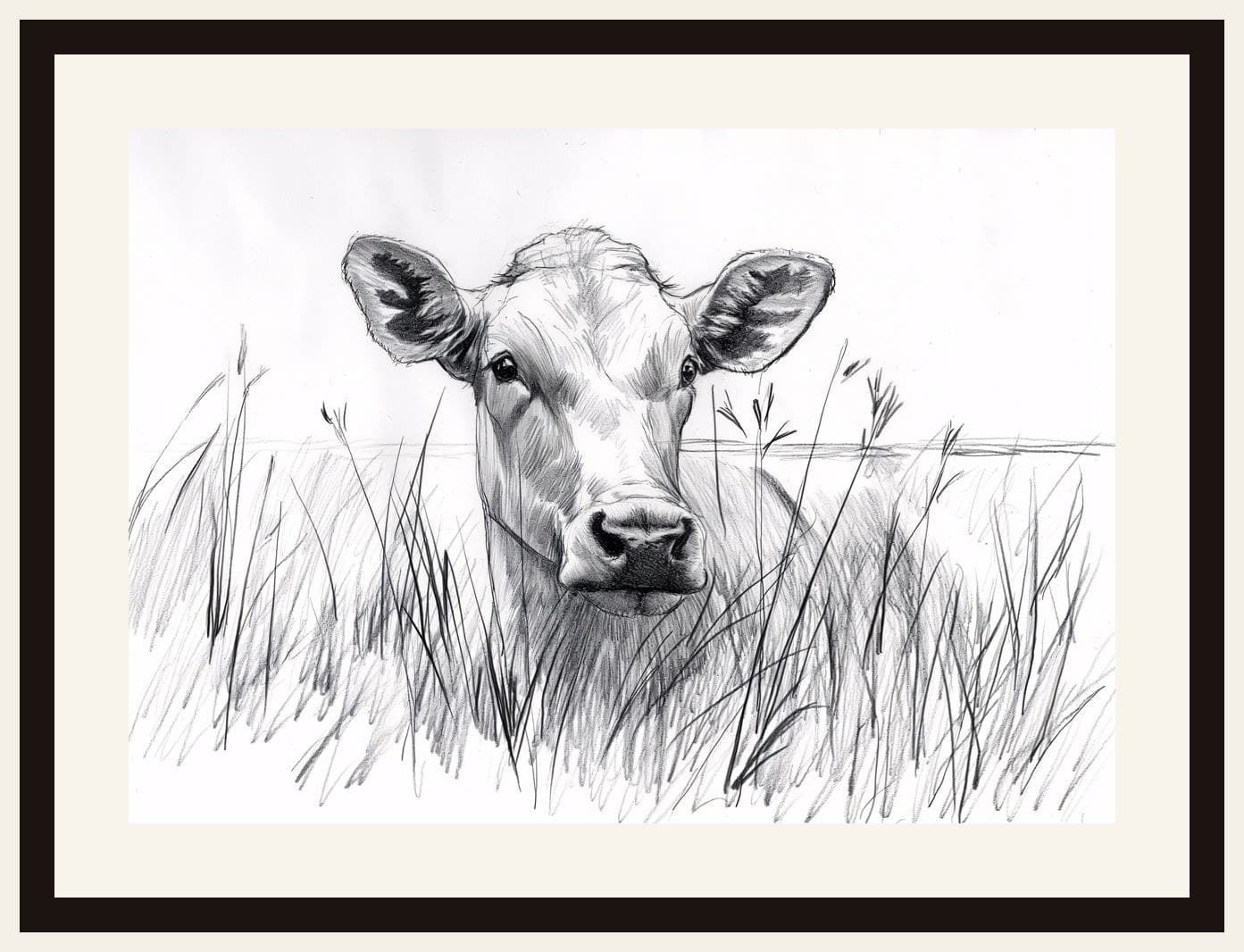 Pencil Sketch Cow In Grass