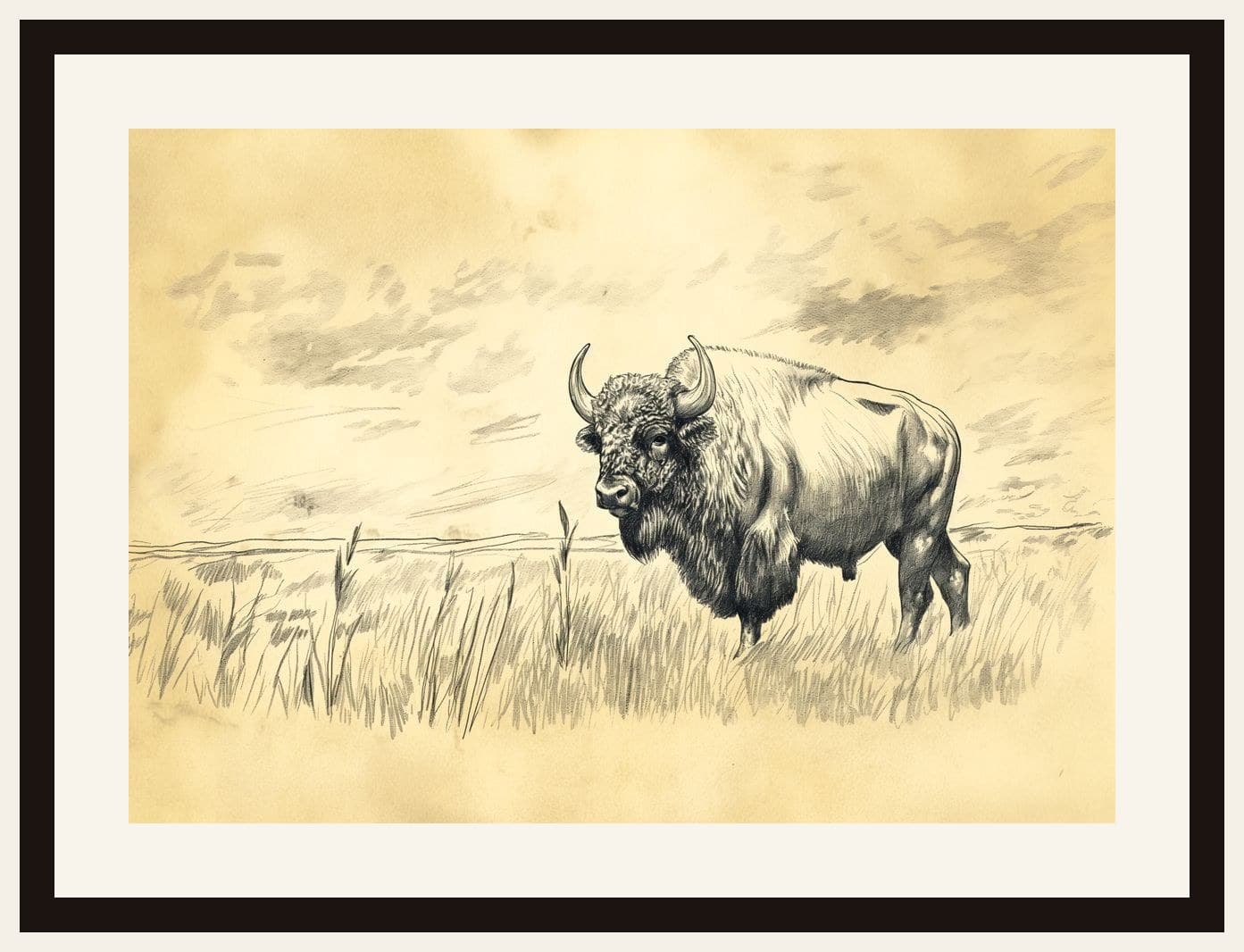 Bison Pencil Sketch Prairie Grassland