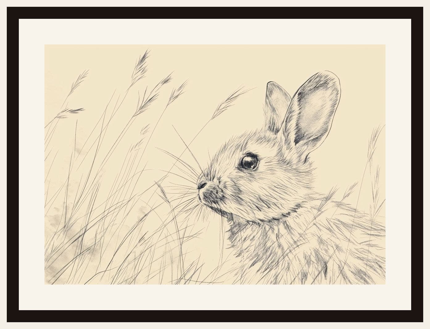 Pencil Sketch Rabbit In Wild Grass