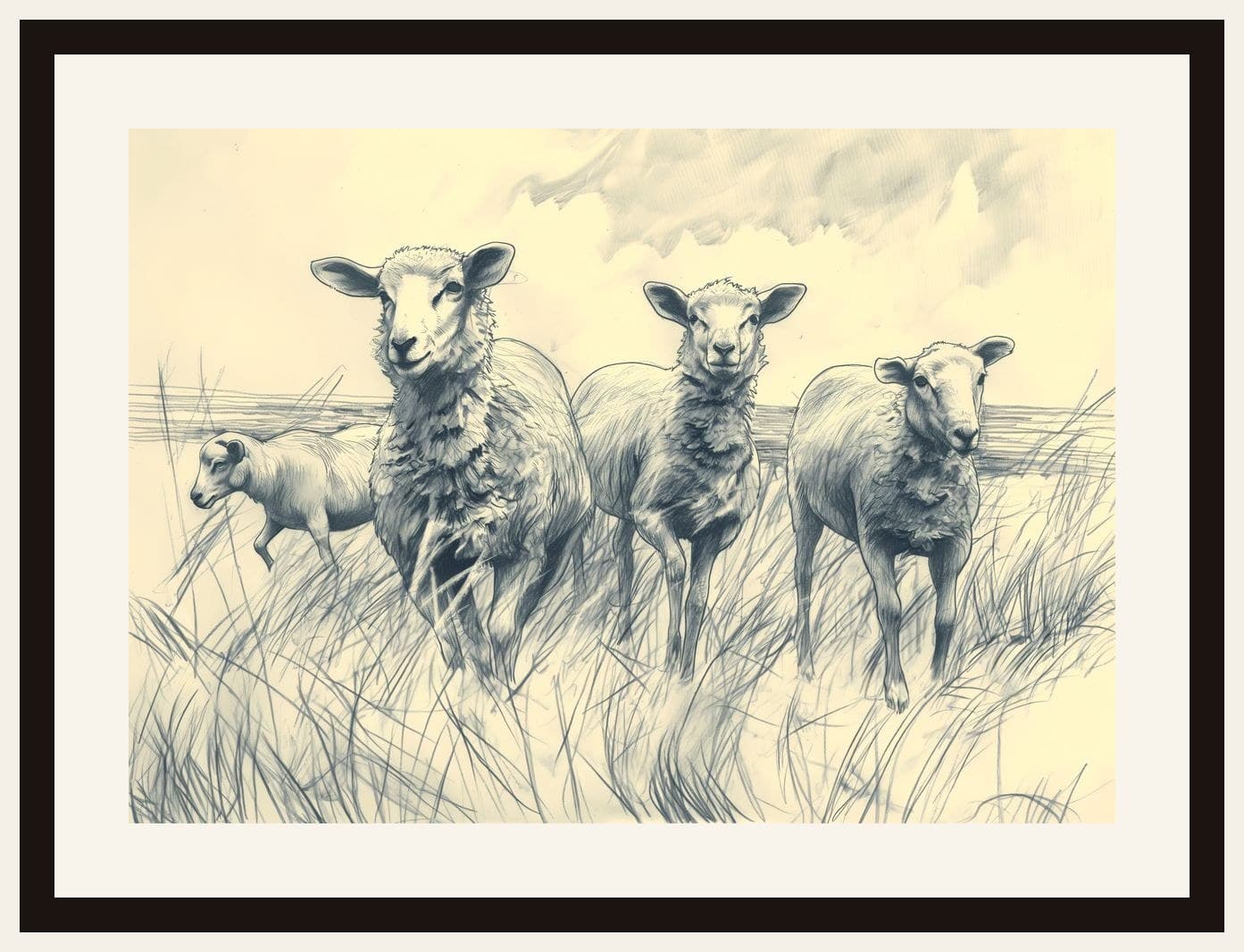 Pencil Sketch Sheep Flock Grassy Field