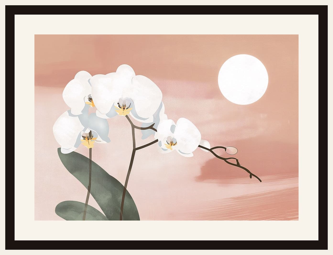 White Orchid Branch Pink Sunset Minimal