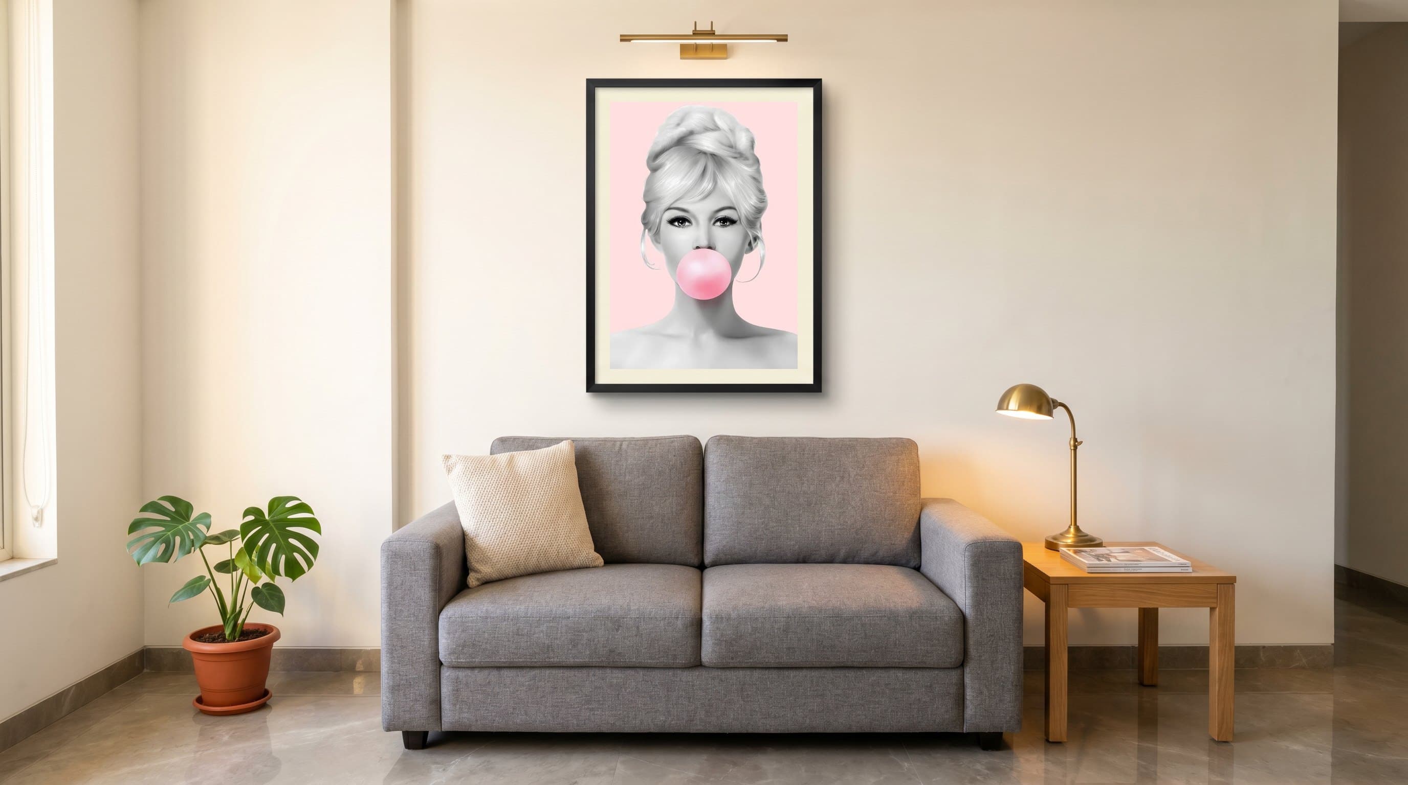 Retro Woman Portrait Blowing Bubblegum — in situ