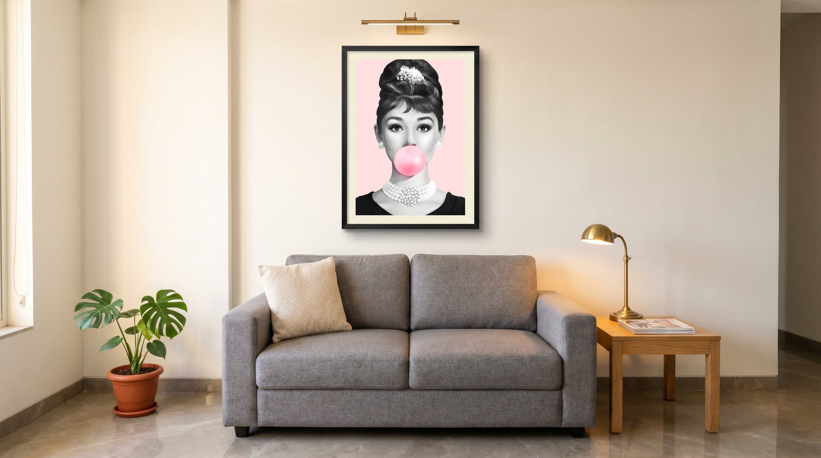 Audrey Hepburn Portrait Blowing Bubblegum — in situ