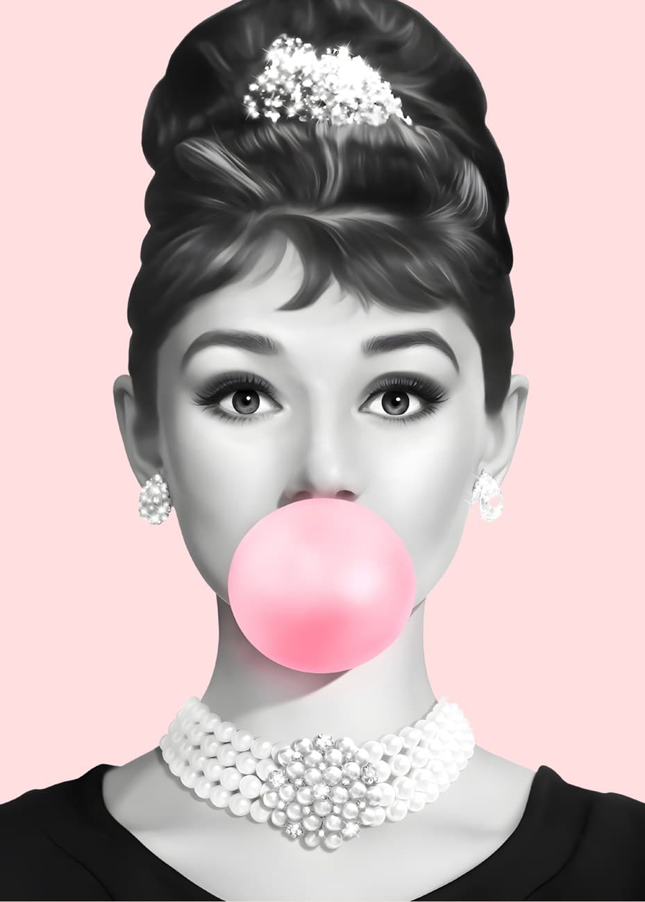 Audrey Hepburn Portrait Blowing Bubblegum