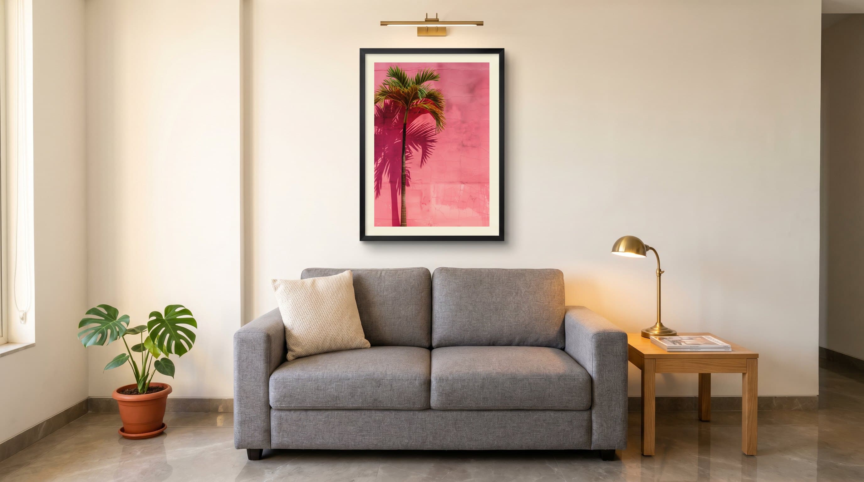 Palm Tree Against Pink Cracked Wall — in situ