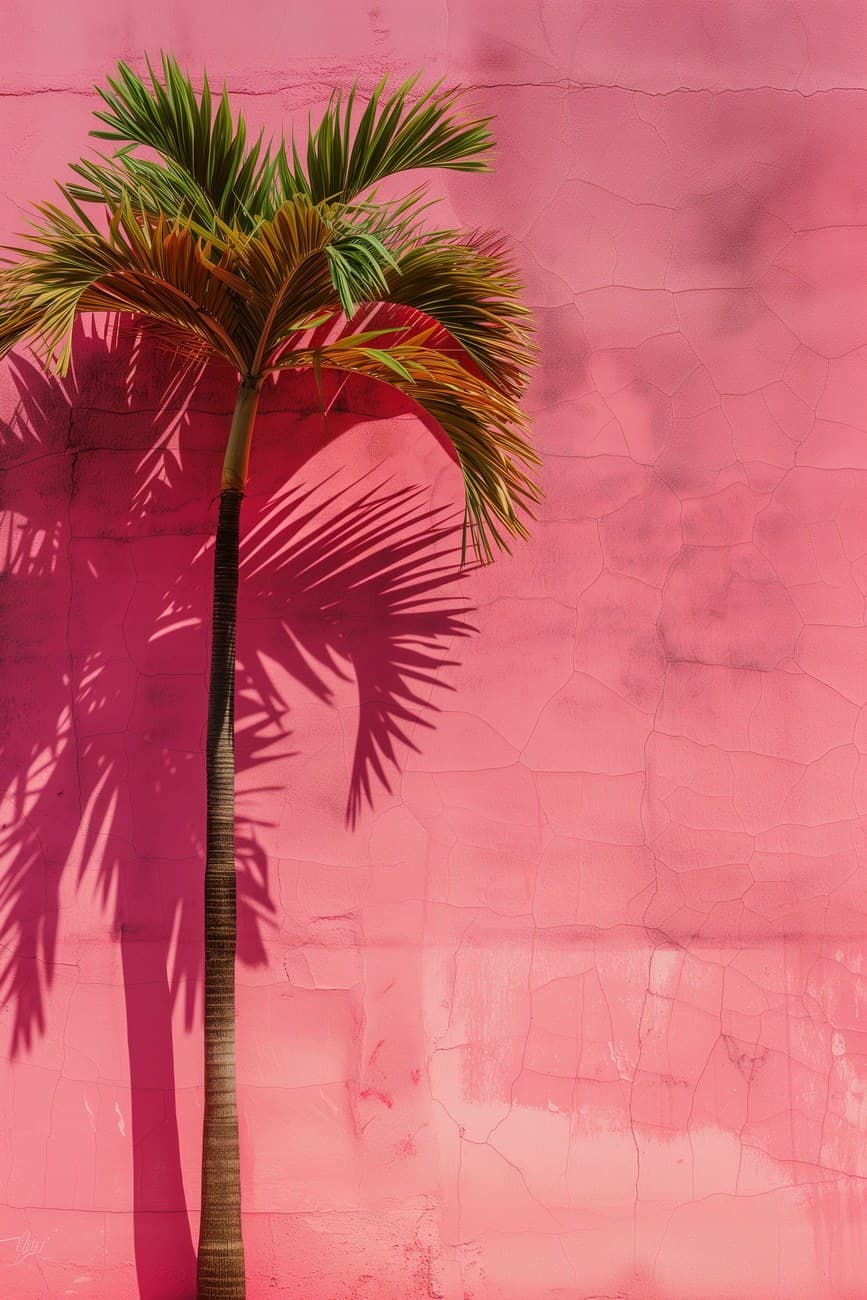 Palm Tree Against Pink Cracked Wall