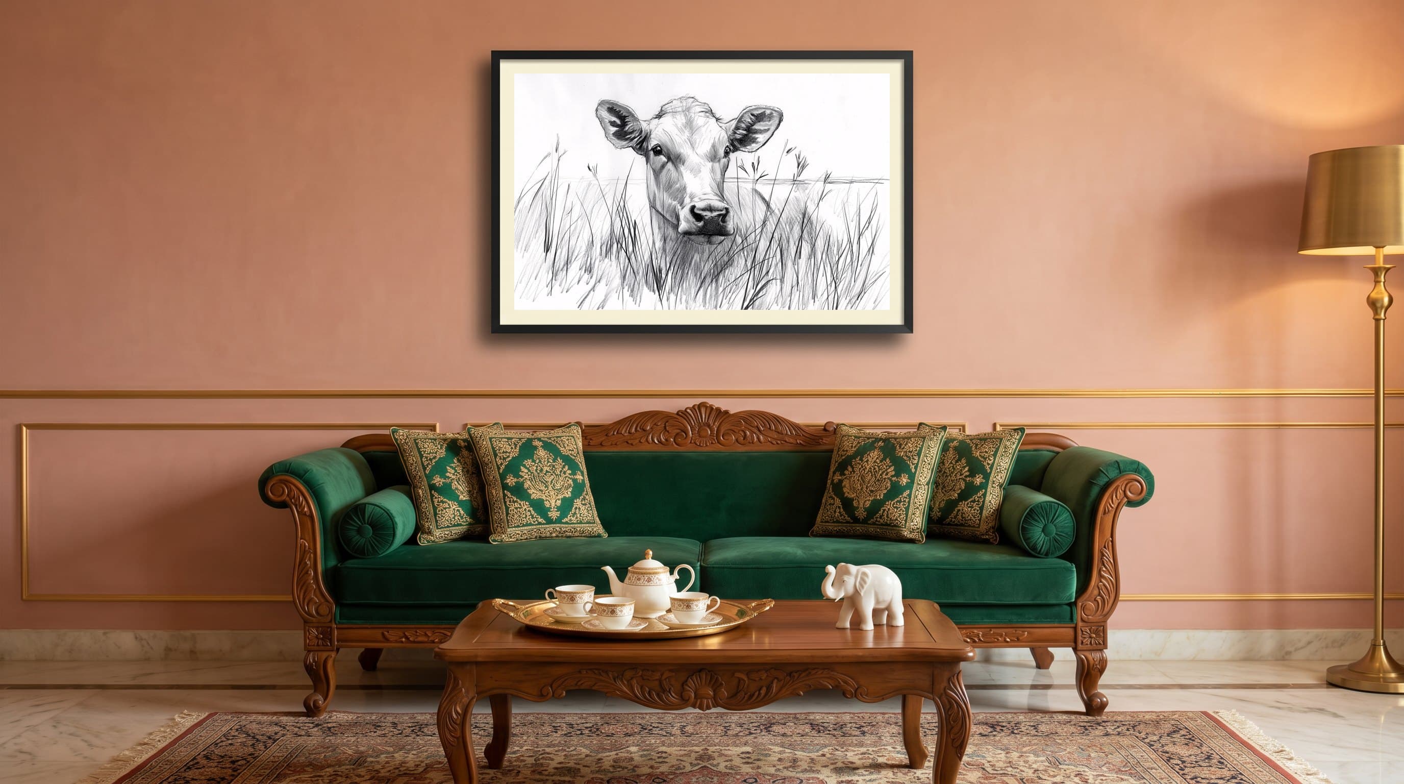 Pencil Sketch Cow In Grass — in situ