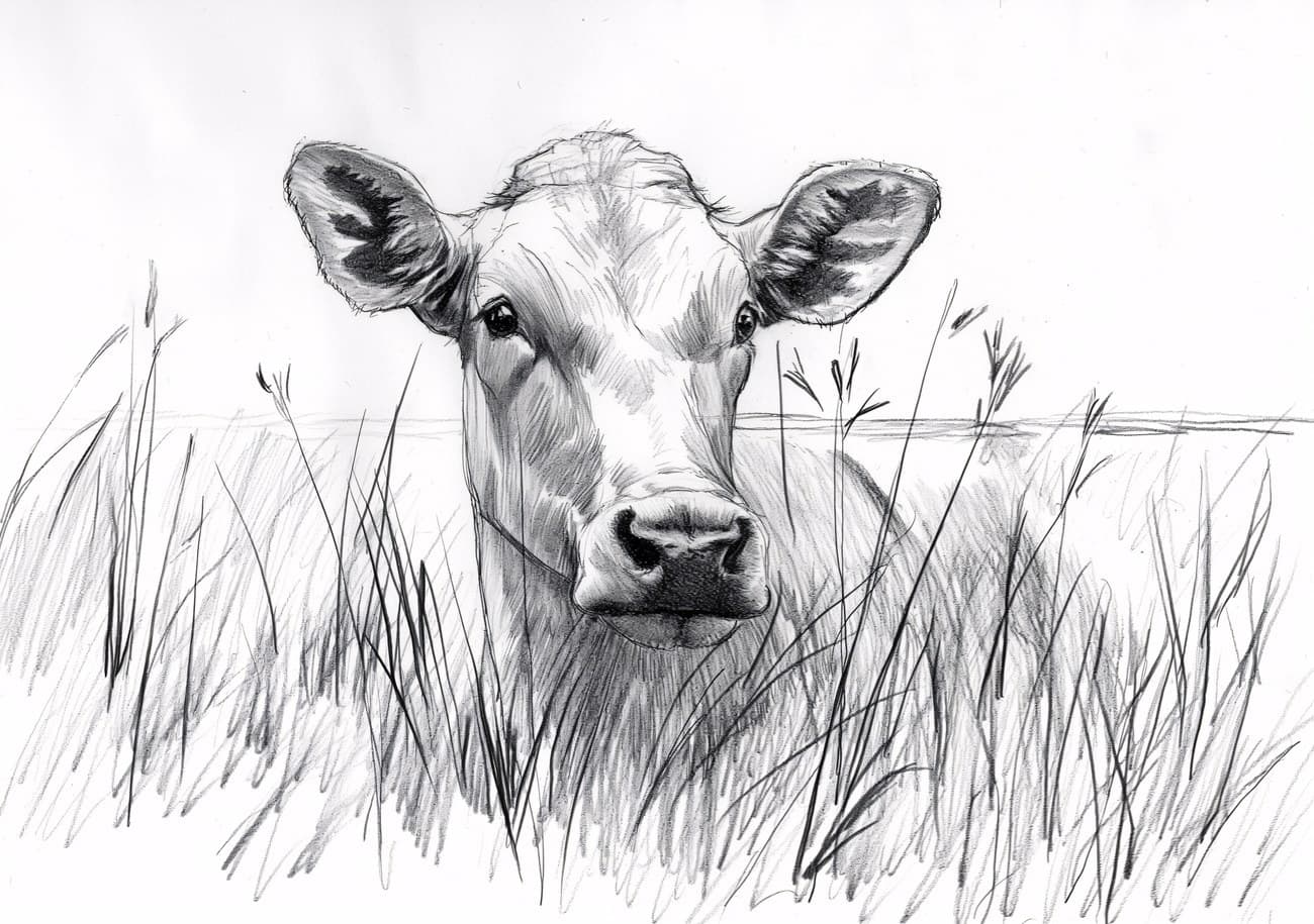 Pencil Sketch Cow In Grass