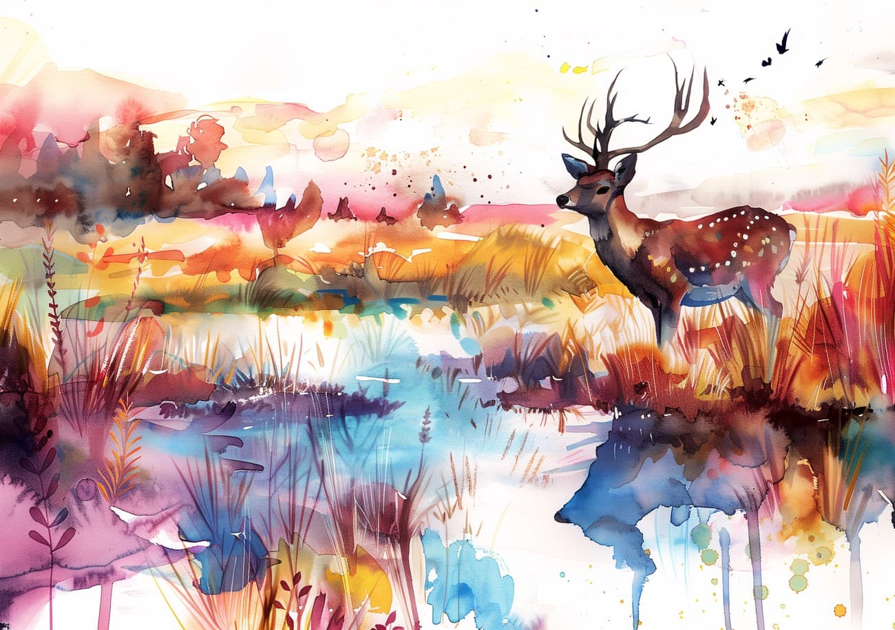 Deer Stag Watercolour Colourful Meadow