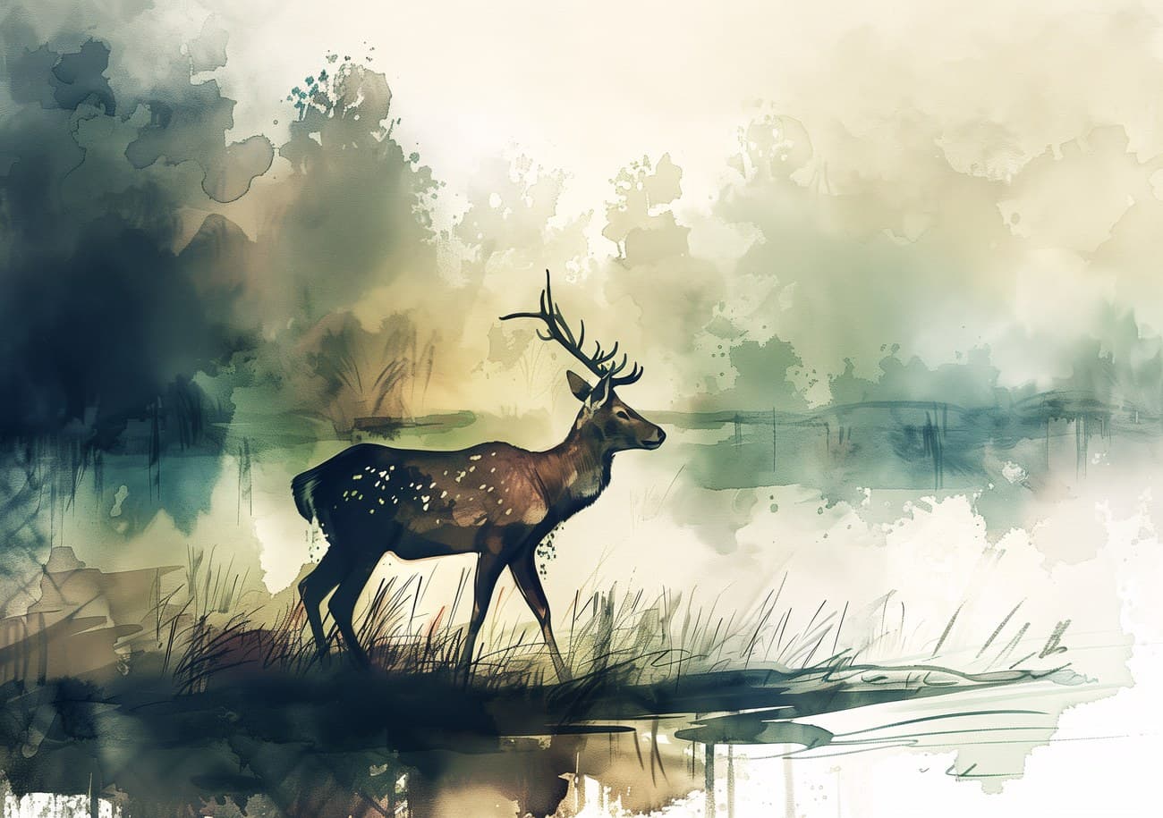 Watercolour Stag Deer Misty Landscape