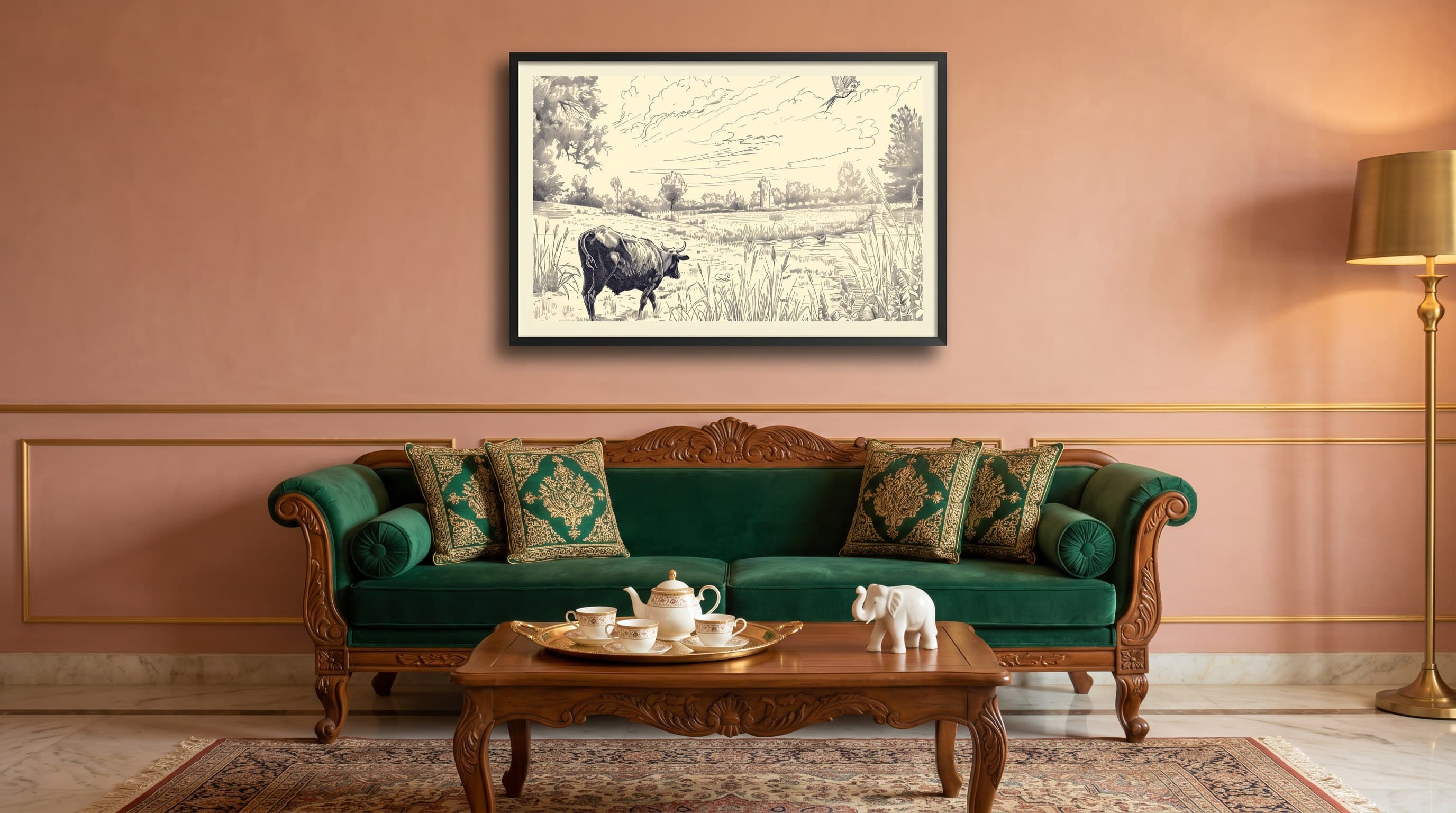 Cow Pastoral Etching Countryside Landscape — in situ