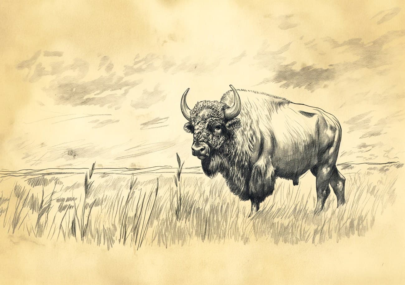 Bison Pencil Sketch Prairie Grassland