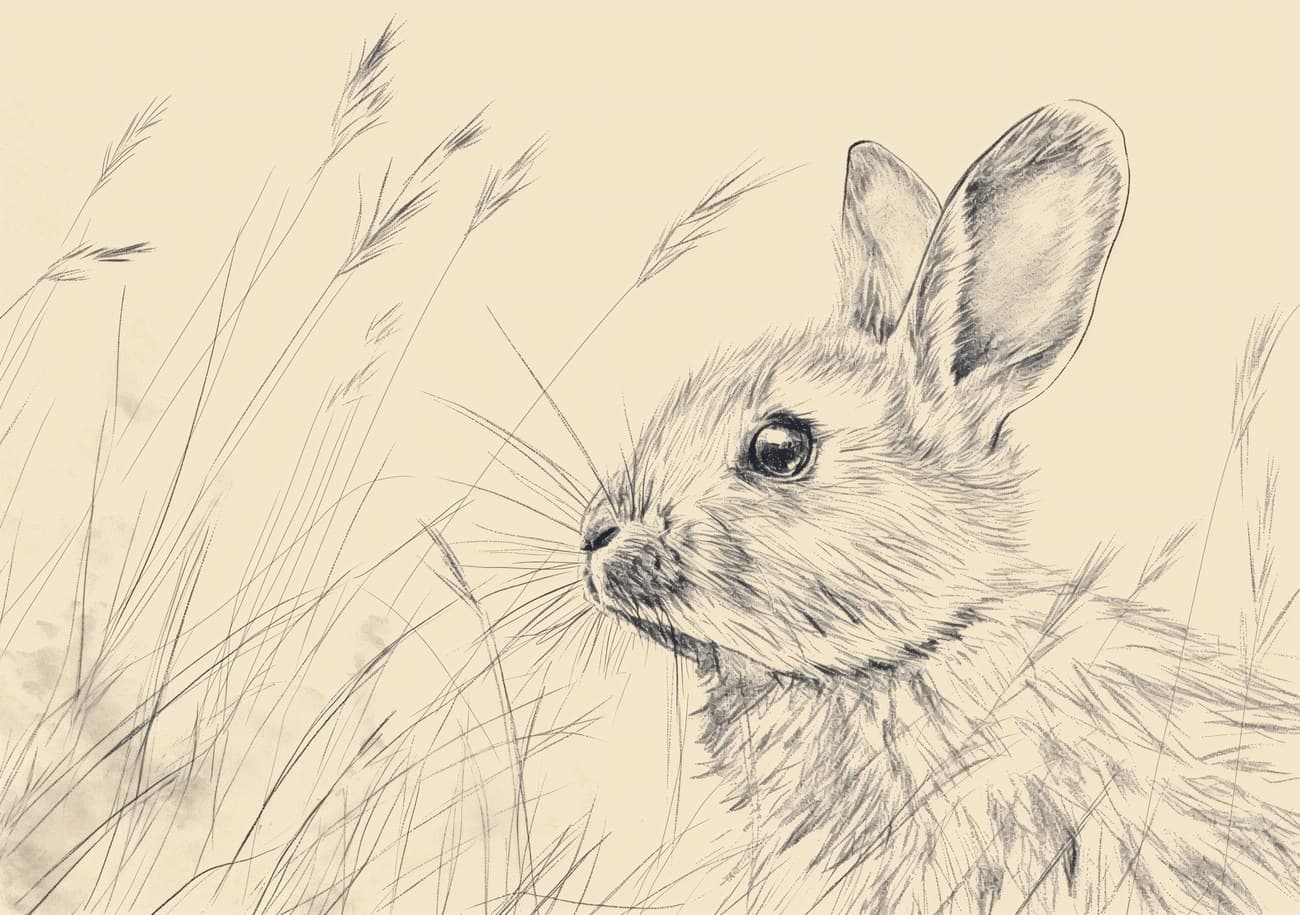 Pencil Sketch Rabbit In Wild Grass