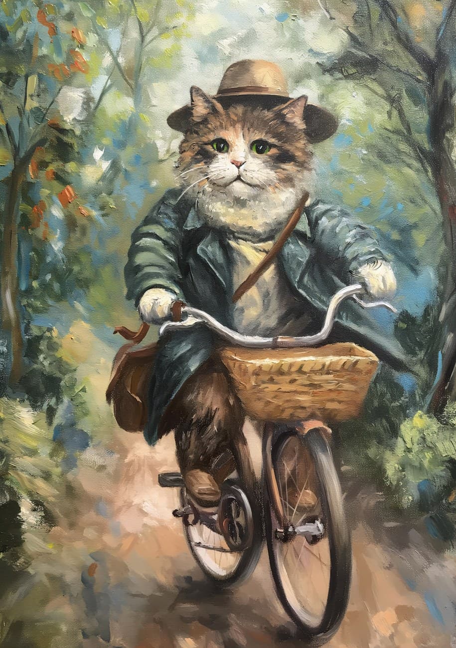 Dapper Cat Cycling Through Woodland Path