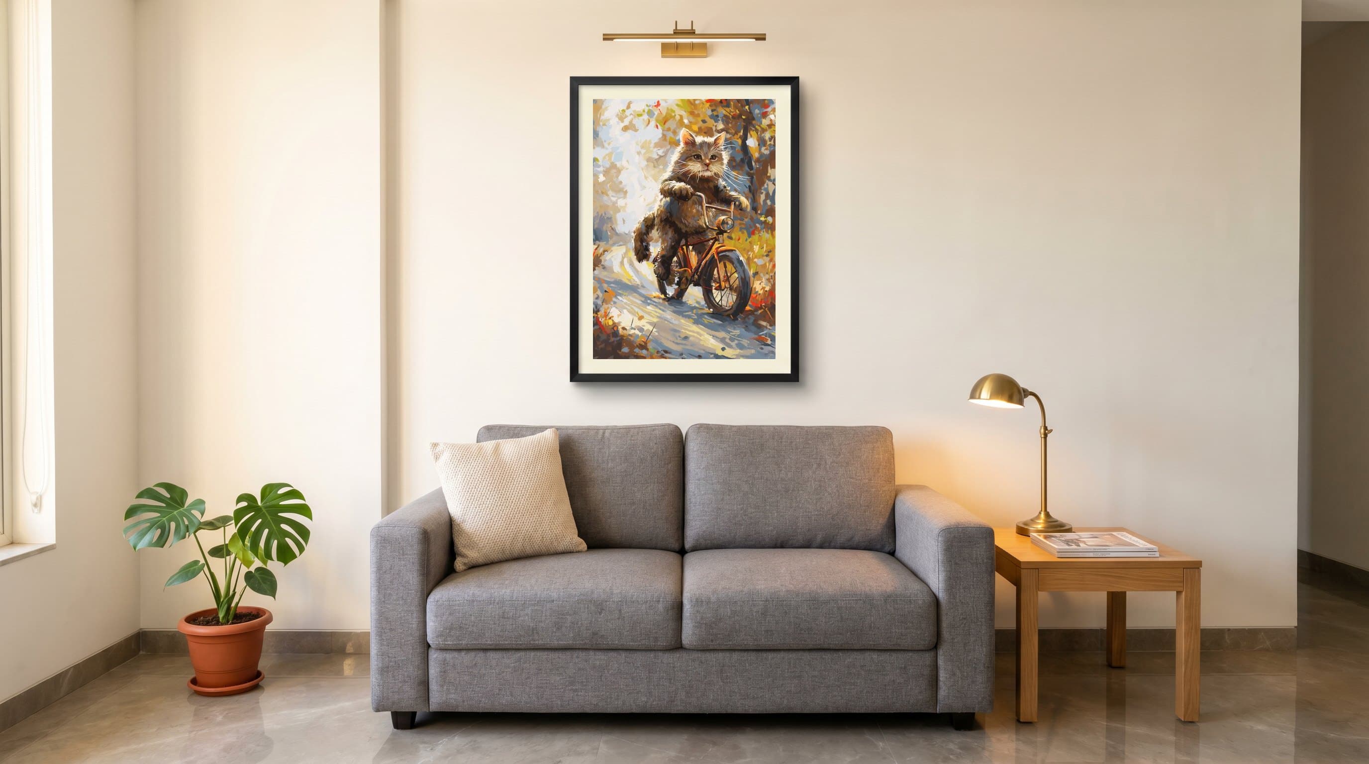 Cat Riding Bicycle Autumn Forest Painting — in situ
