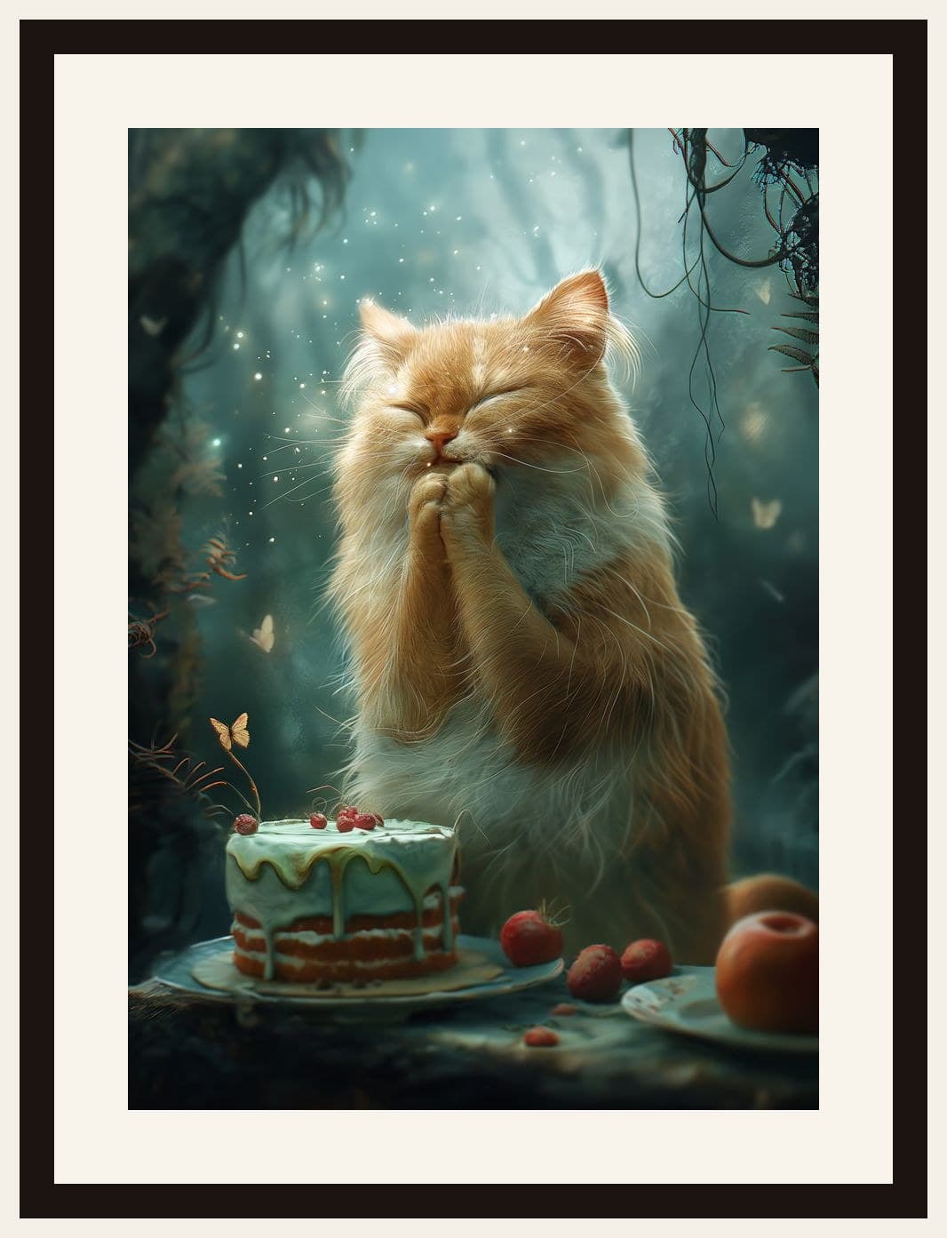 Ginger Cat Praying Before Birthday Cake