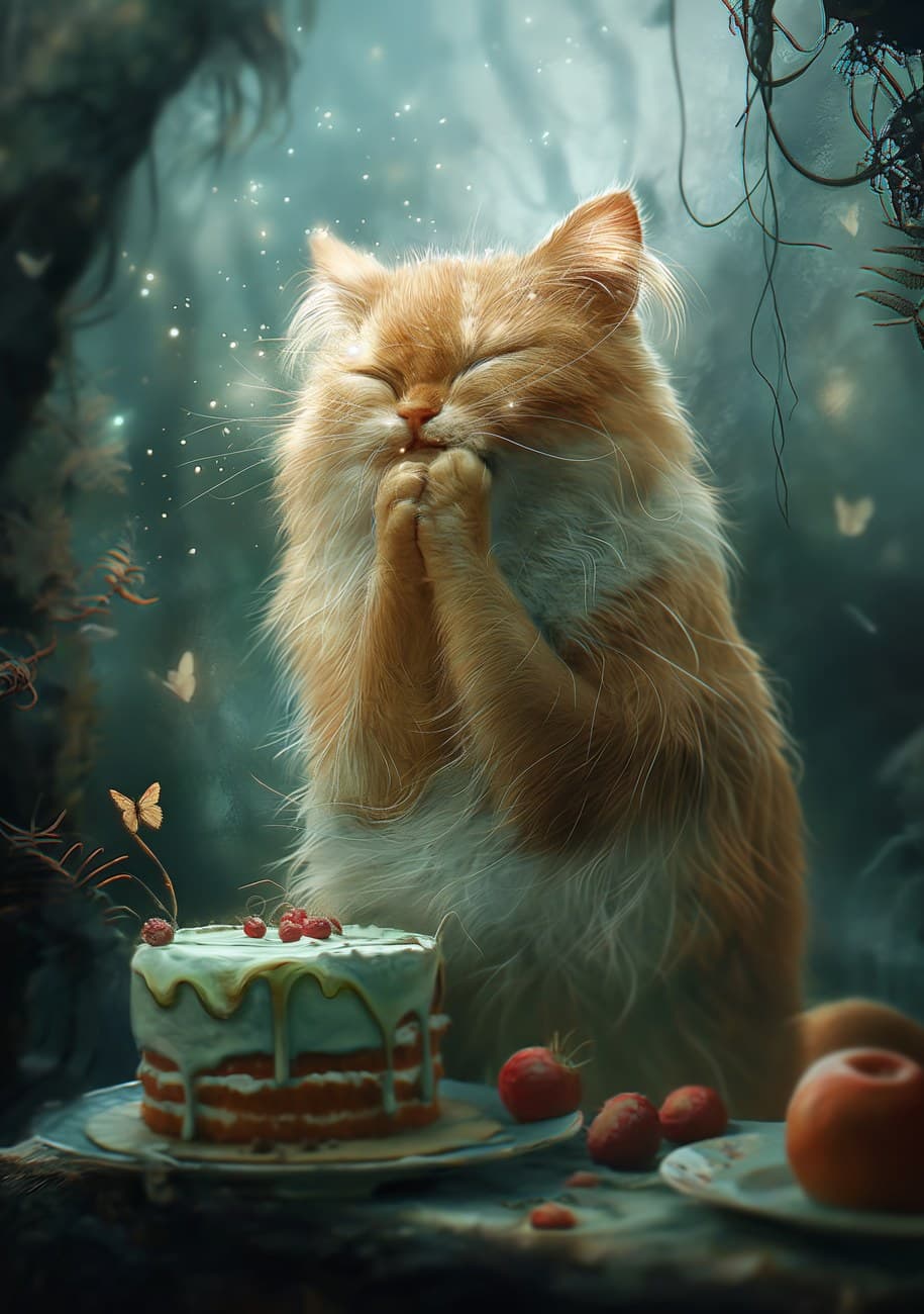 Ginger Cat Praying Before Birthday Cake
