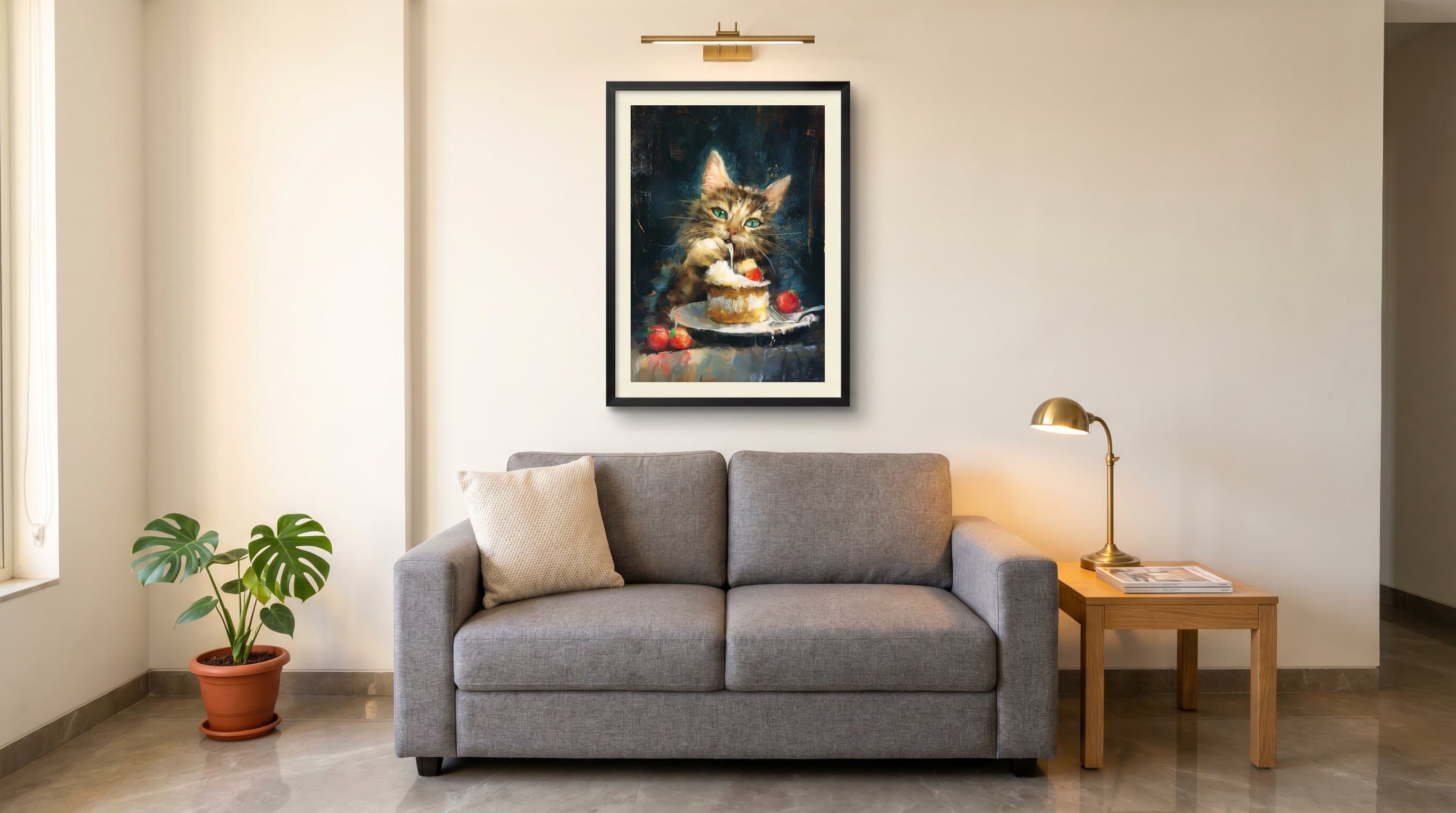 Cat Eating Strawberry Cake Oil Painting — in situ