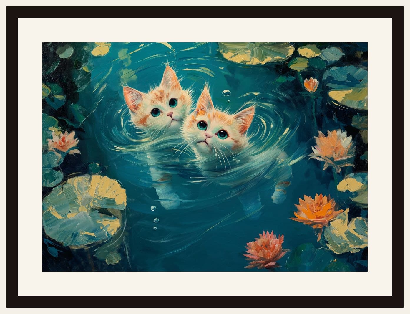 Two Kittens Swimming Lily Pond