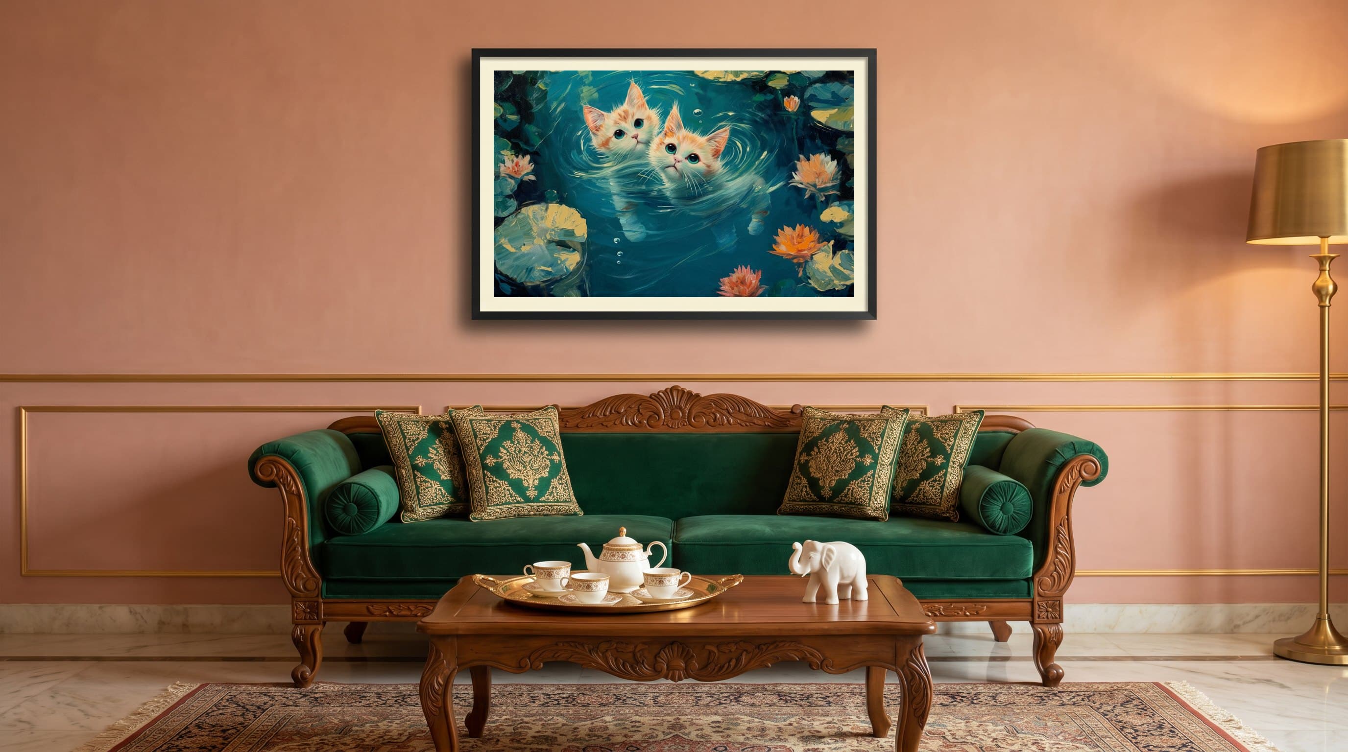 Two Kittens Swimming Lily Pond — in situ