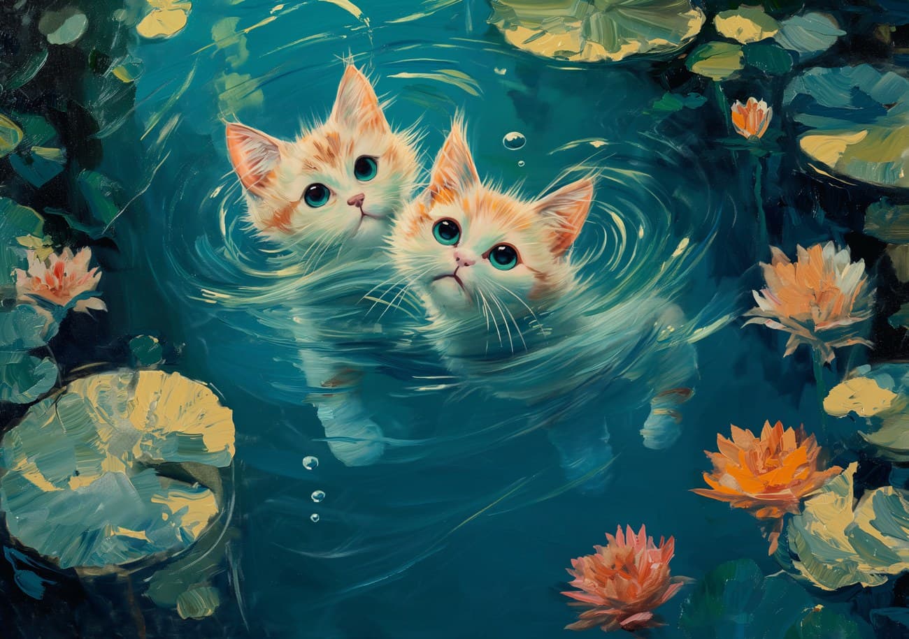 Two Kittens Swimming Lily Pond