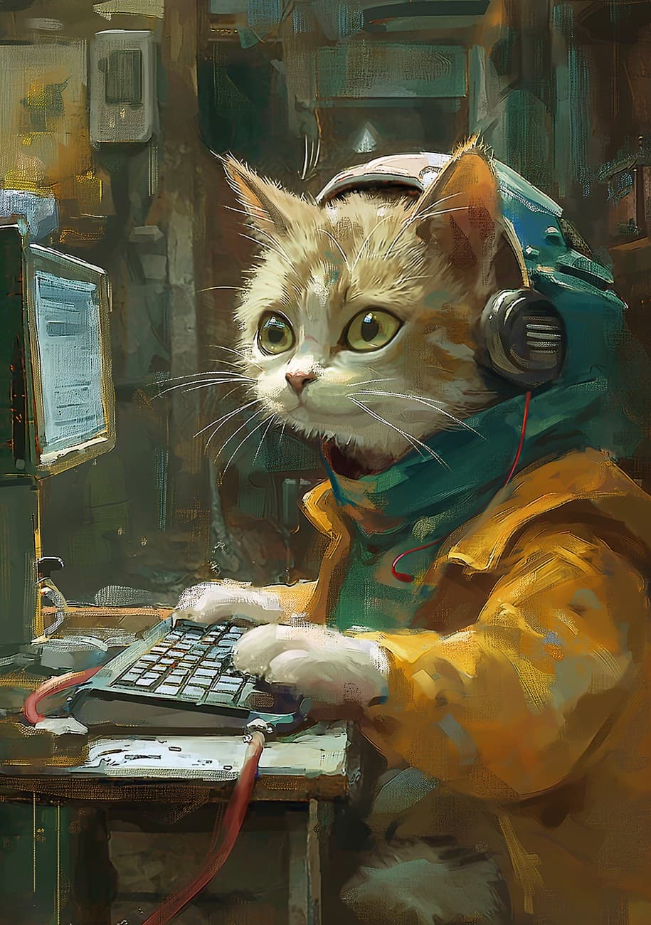 Cartoon Cat Hacker At Computer