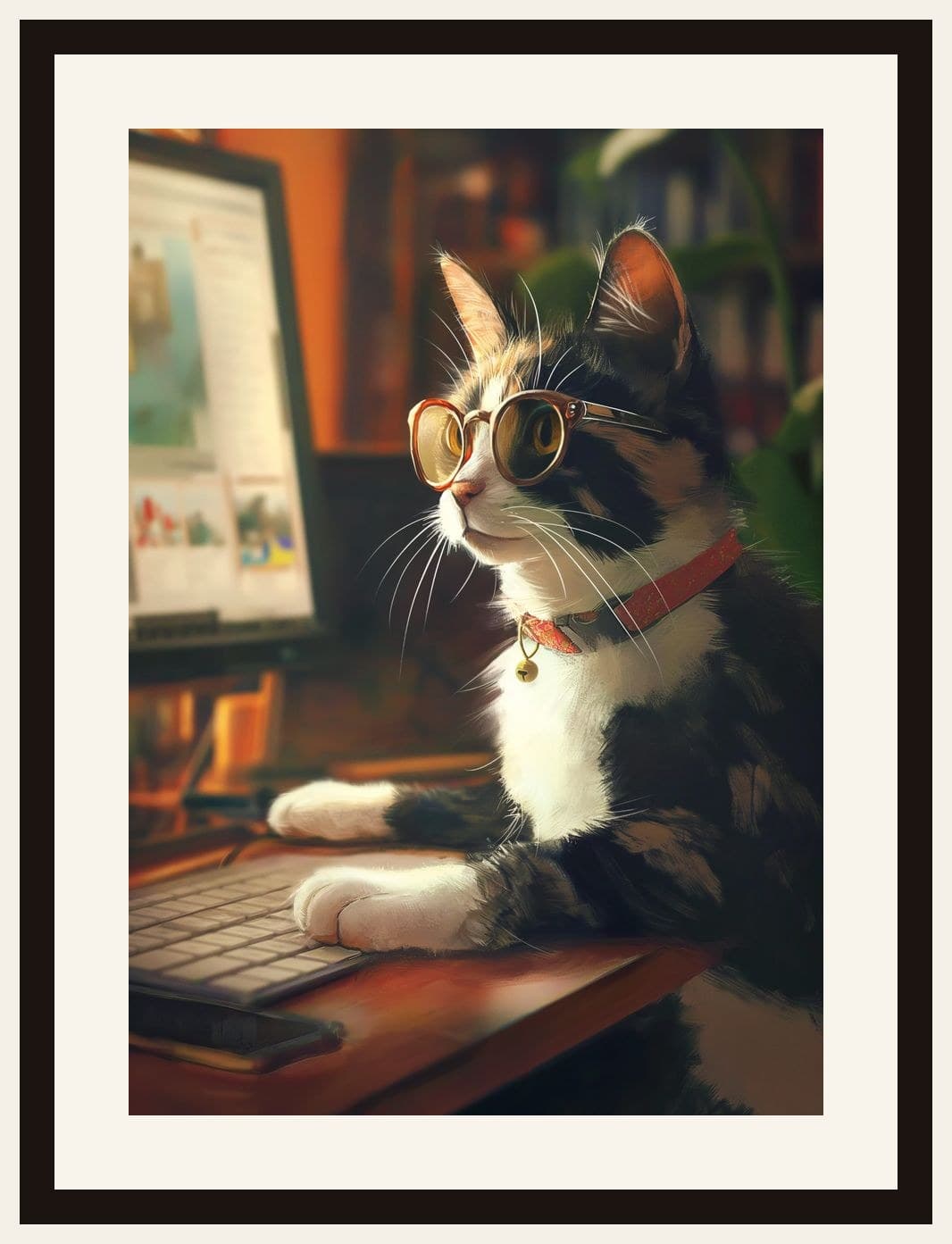 Tuxedo Cat Sunglasses At Computer Desk