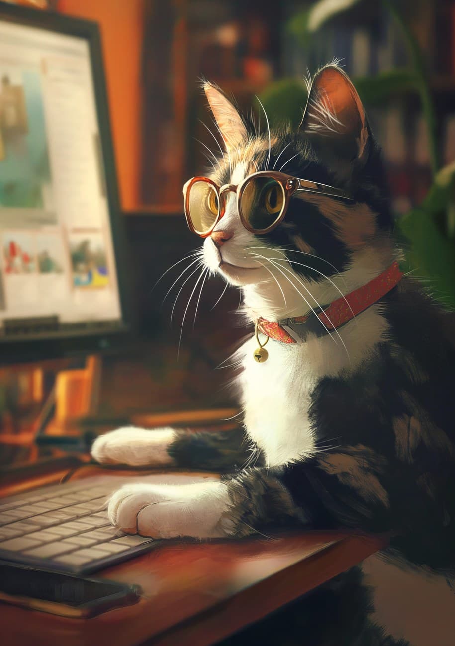 Tuxedo Cat Sunglasses At Computer Desk