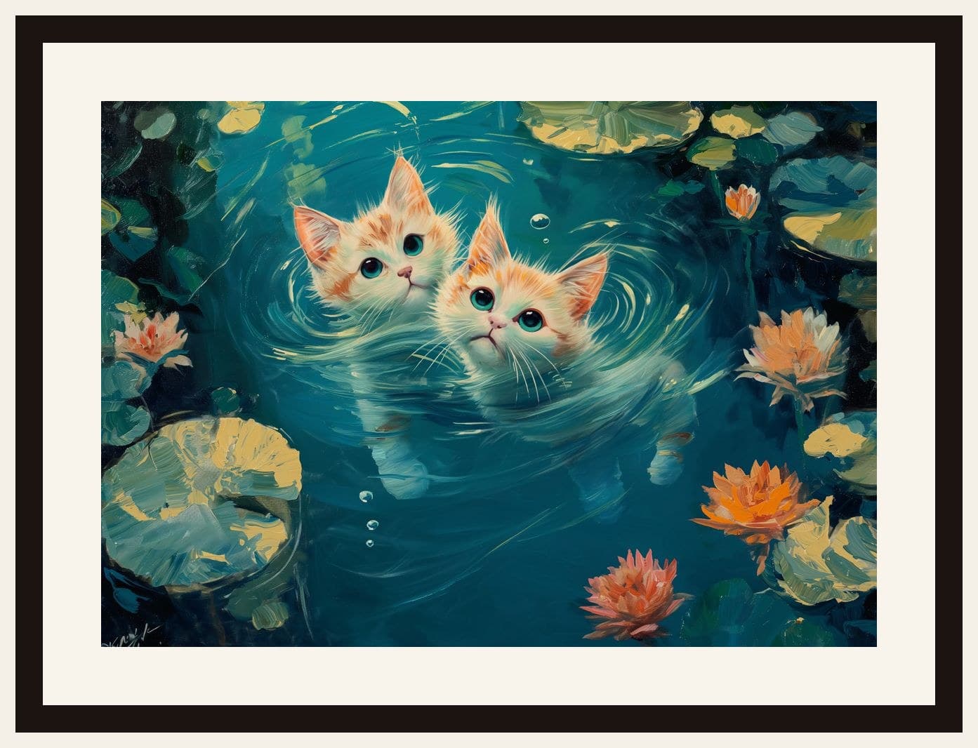 Two Kittens Swimming Lily Pond