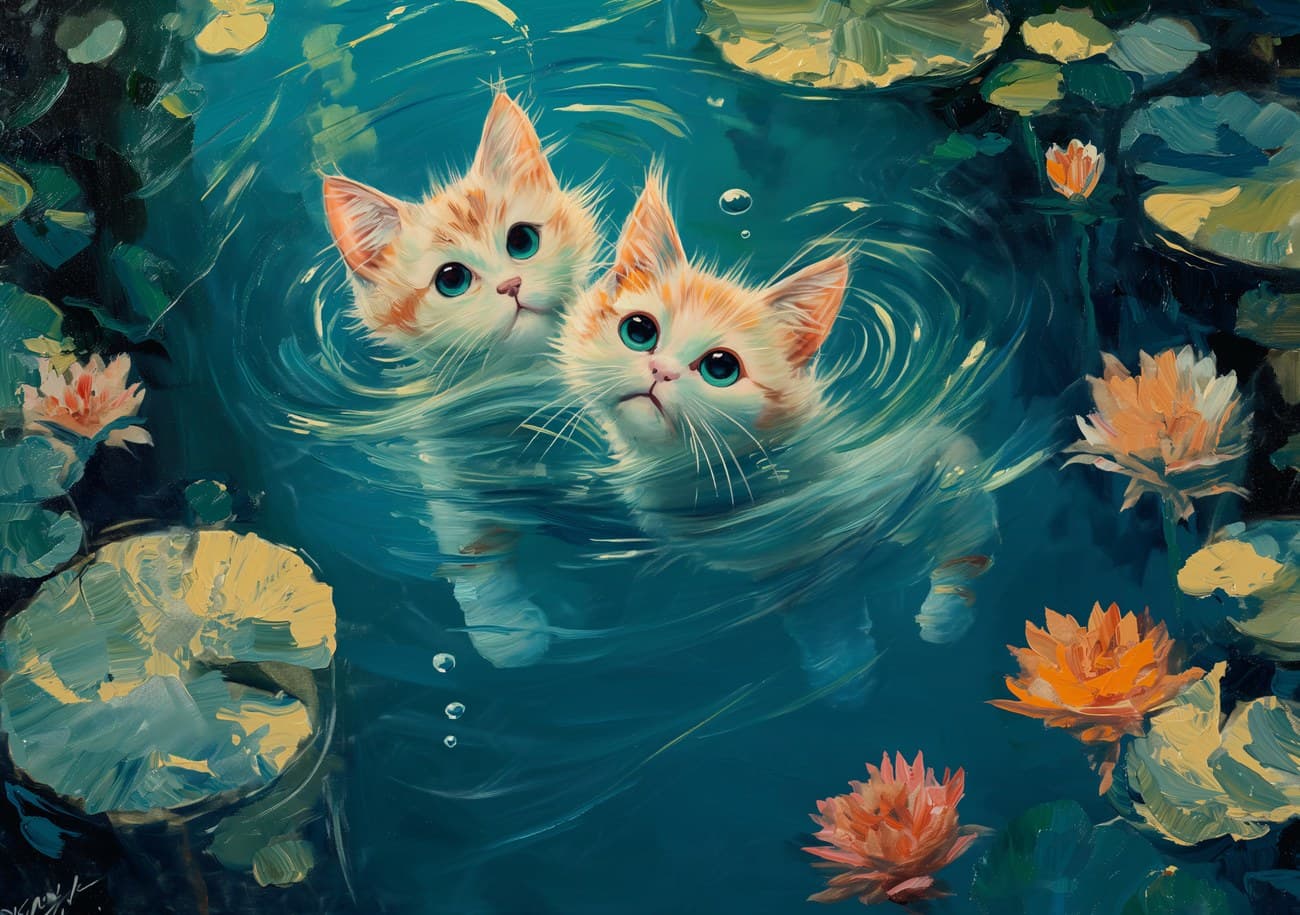 Two Kittens Swimming Lily Pond