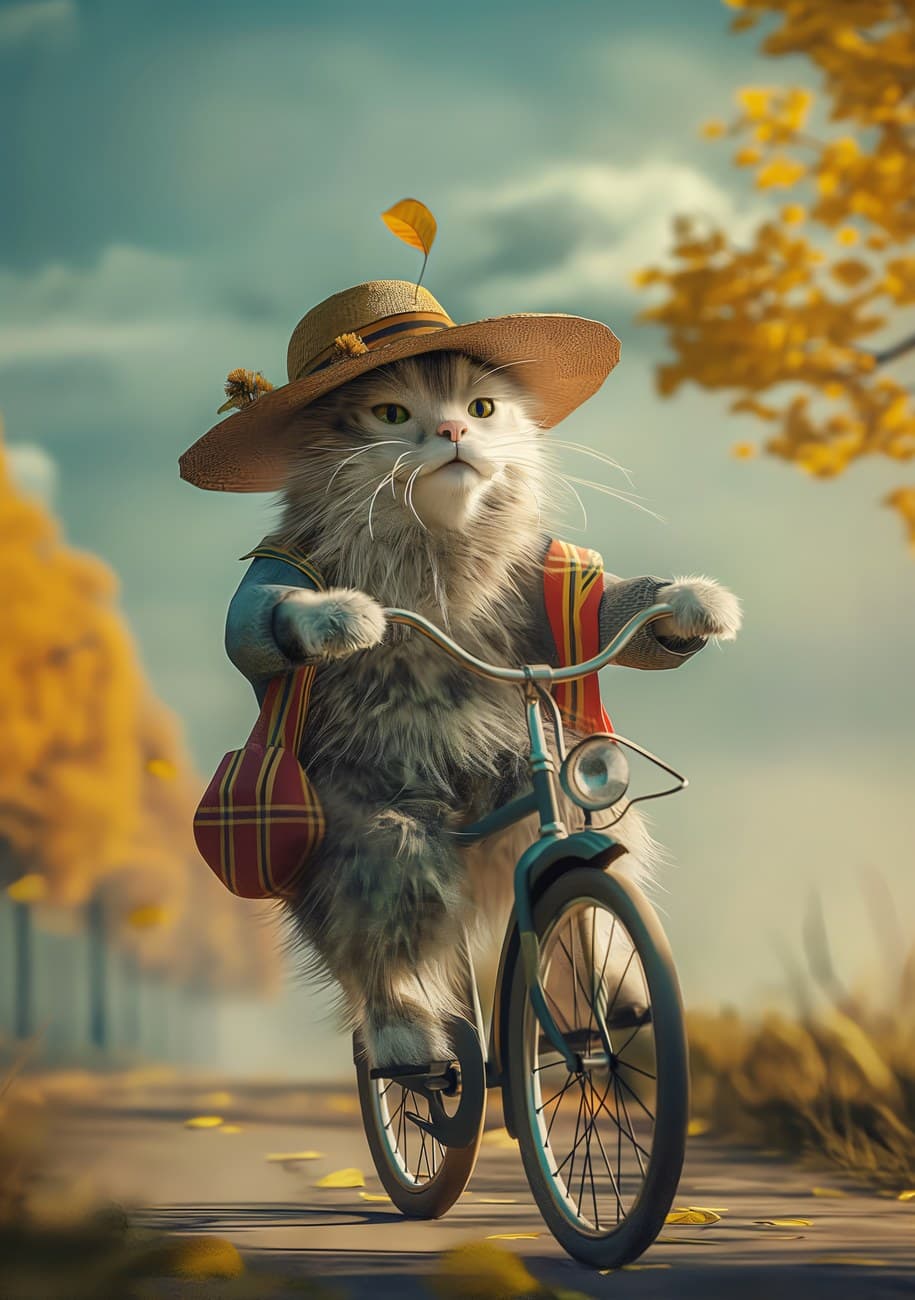 Cat Riding Bicycle Autumn Road