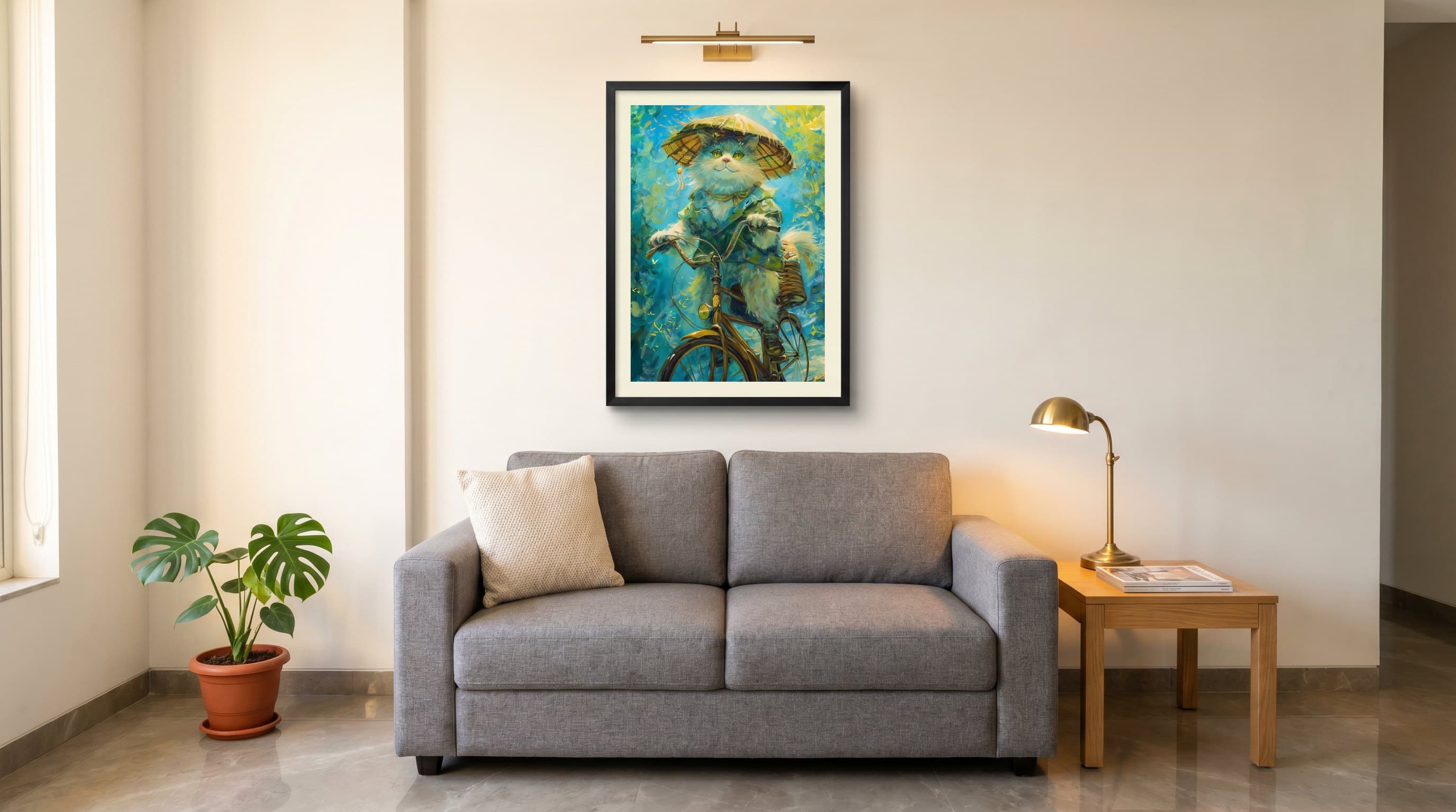 Cat In Straw Hat Riding Bicycle Oil Art — in situ