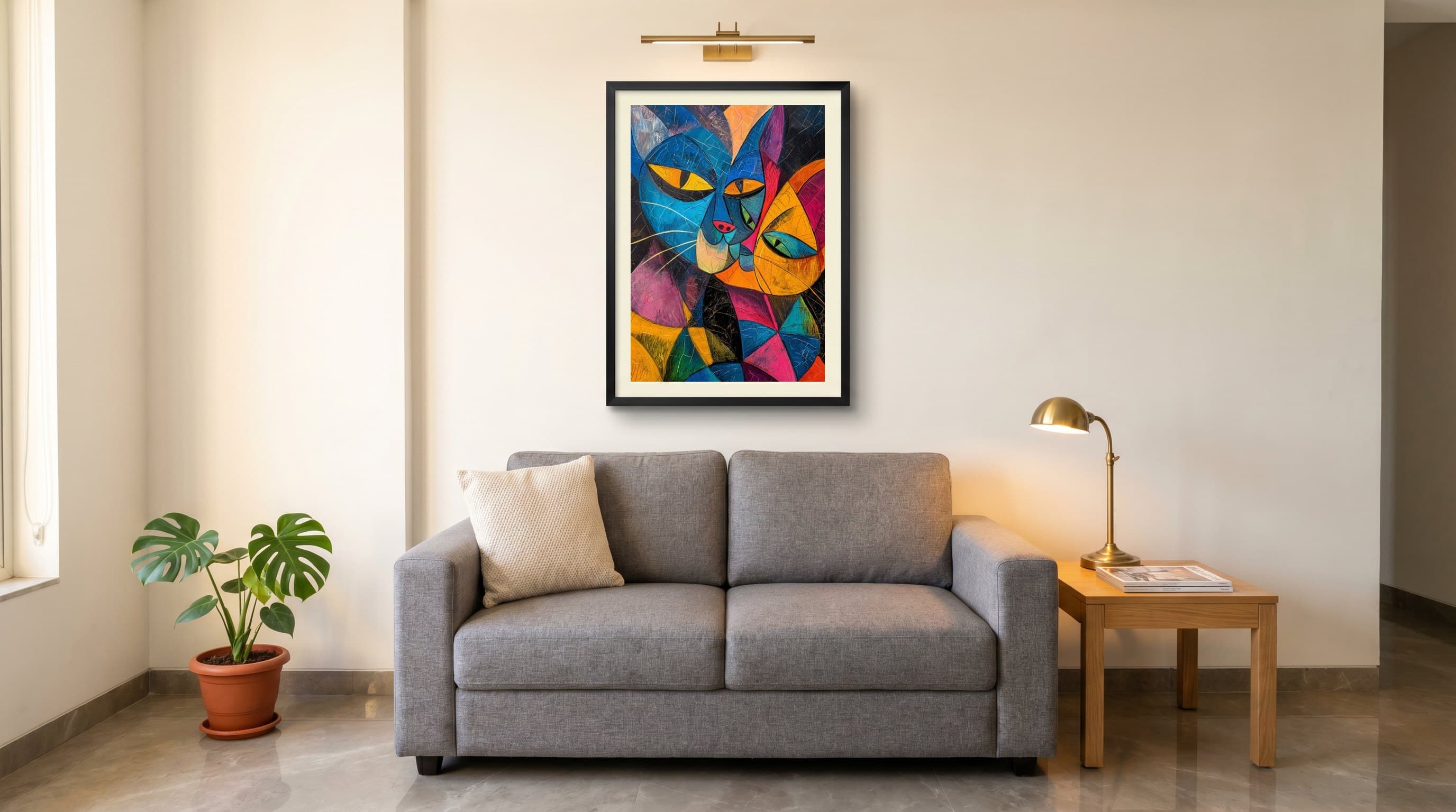 Cubist Cats Colourful Geometric Portrait — in situ