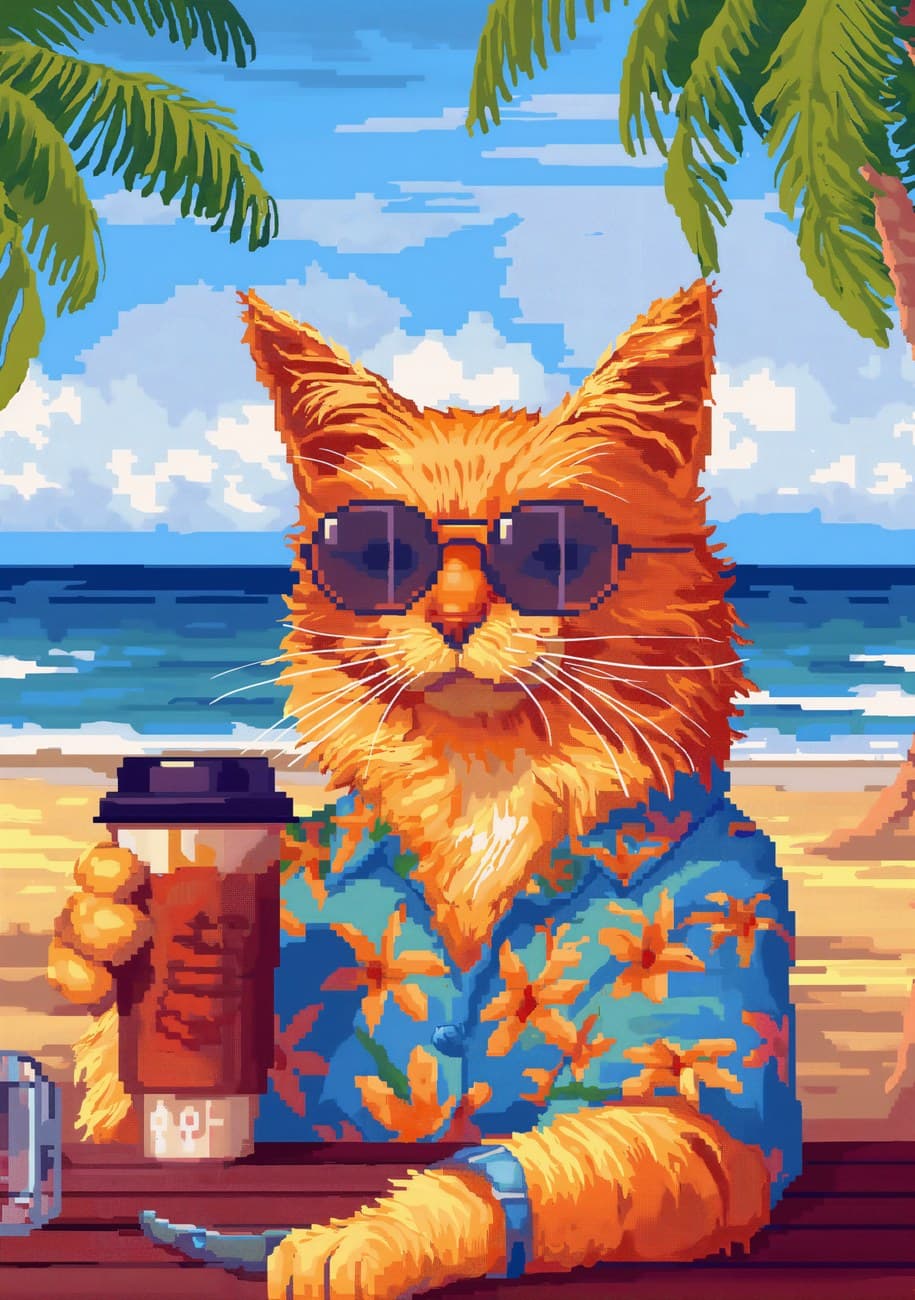 Pixel Art Cat Sunglasses Beach Tropical