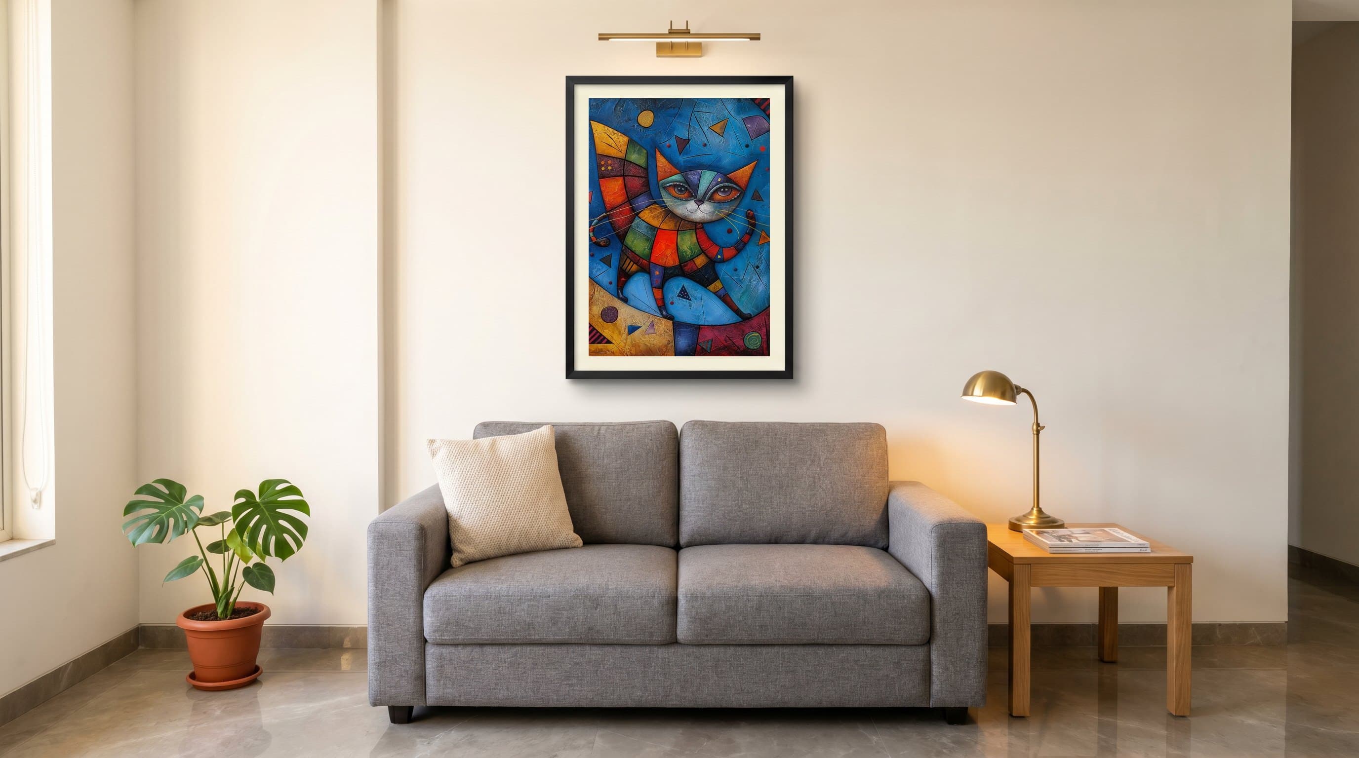 Cubist Cat Colourful Geometric Blue Painting — in situ
