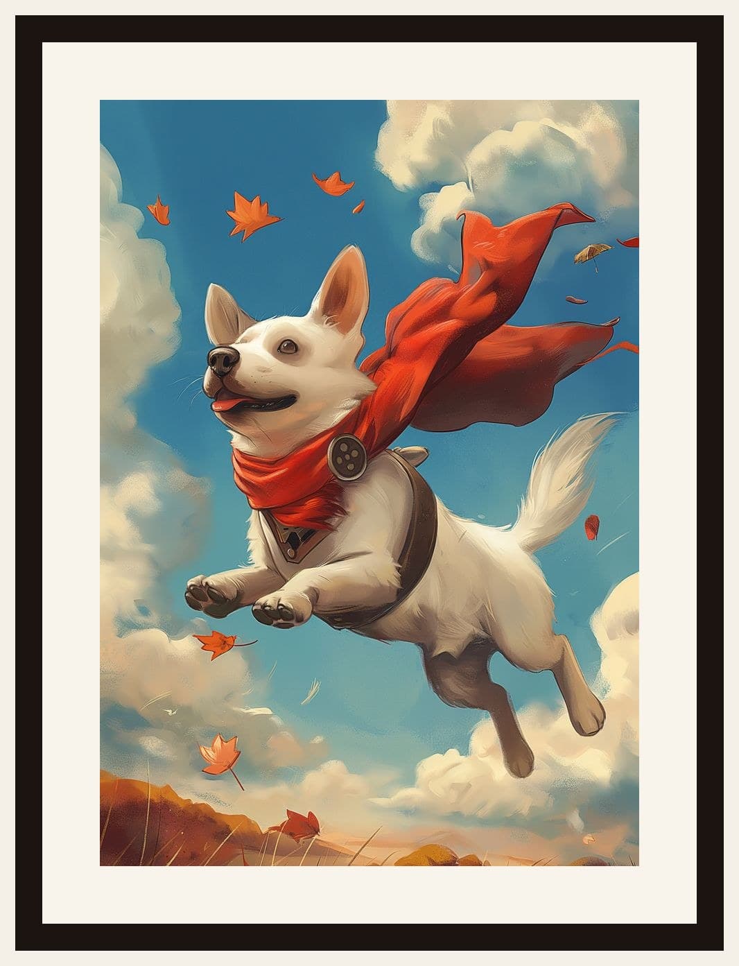 Superhero Dog Flying Red Cape Sky