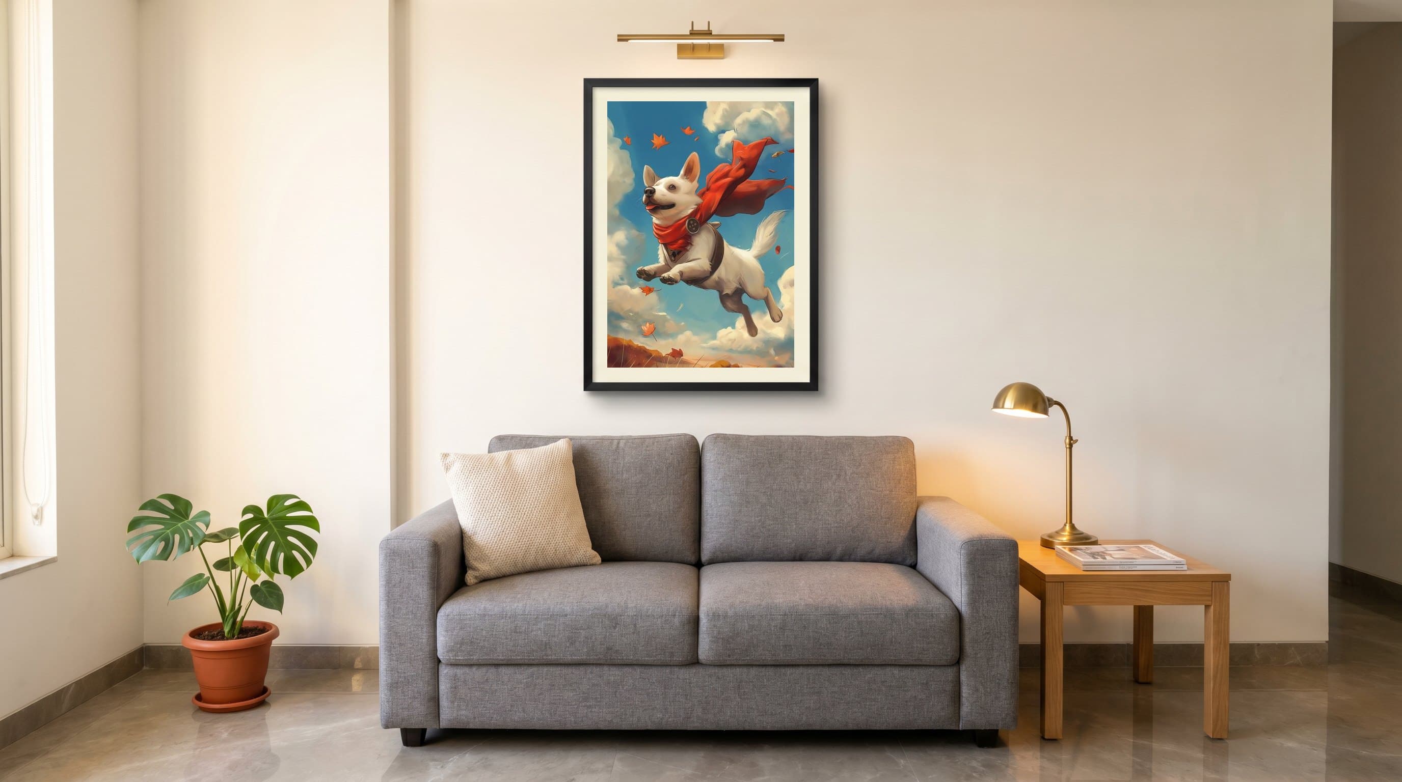 Superhero Dog Flying Red Cape Sky — in situ