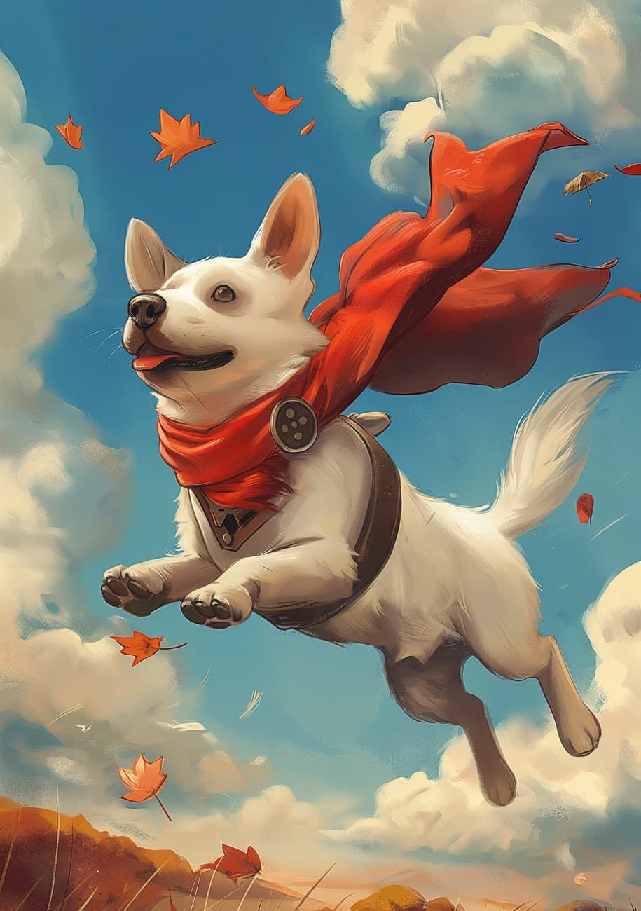 Superhero Dog Flying Red Cape Sky