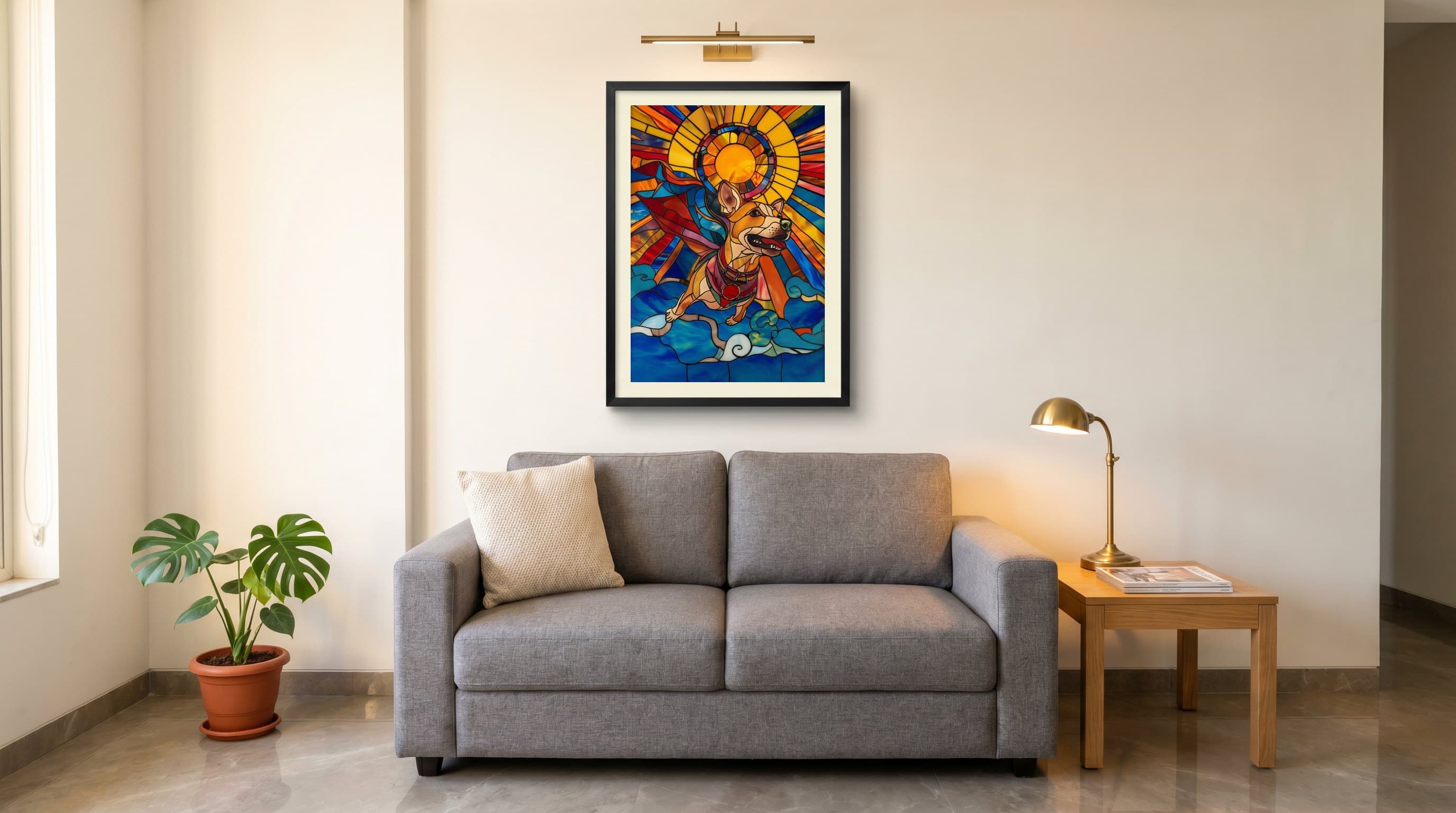 Superhero Corgi Stained Glass Sun Rays — in situ