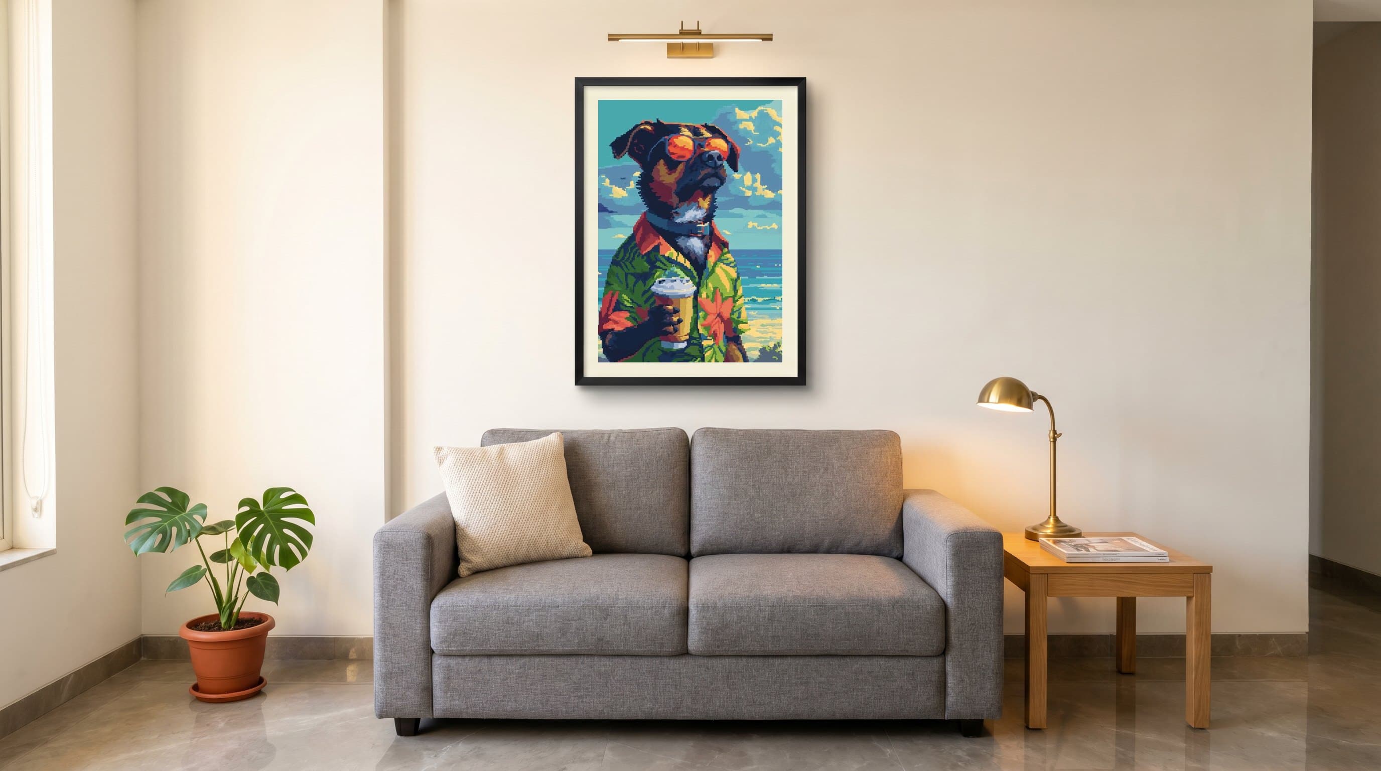 Pixel Art Dog Hawaiian Shirt Beach — in situ