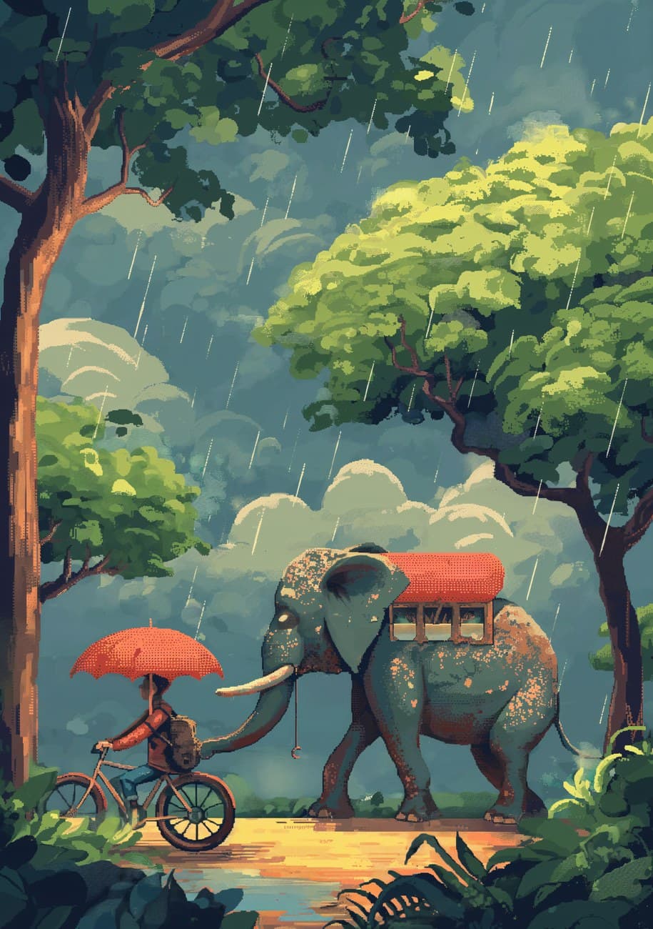Elephant Cyclist Rain Tropical Forest