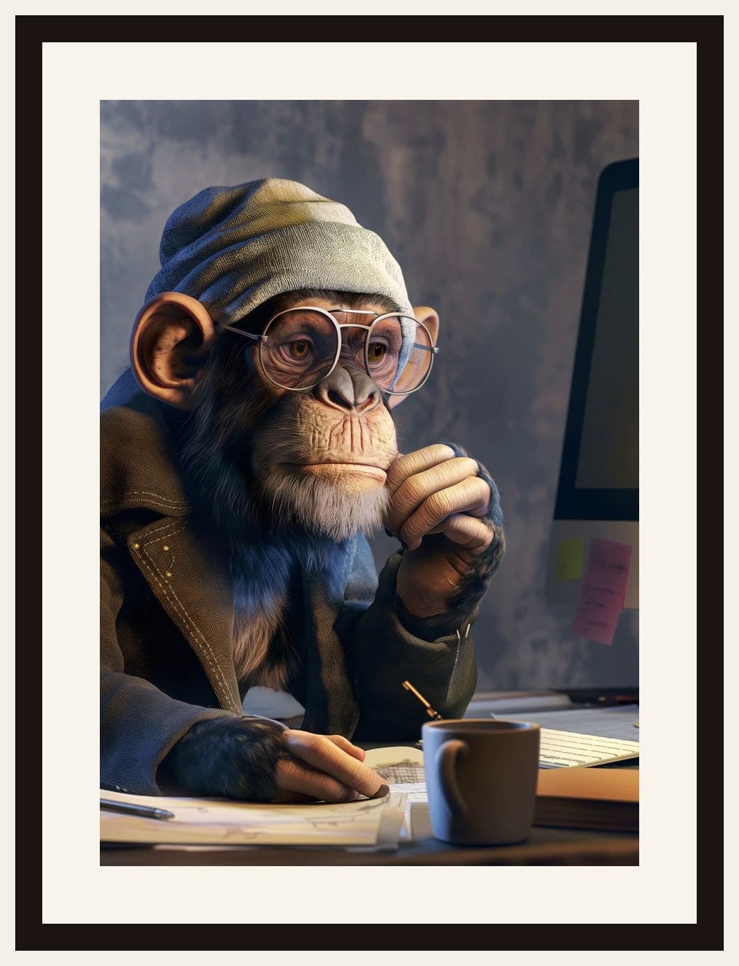 Chimpanzee In Glasses At Computer Desk