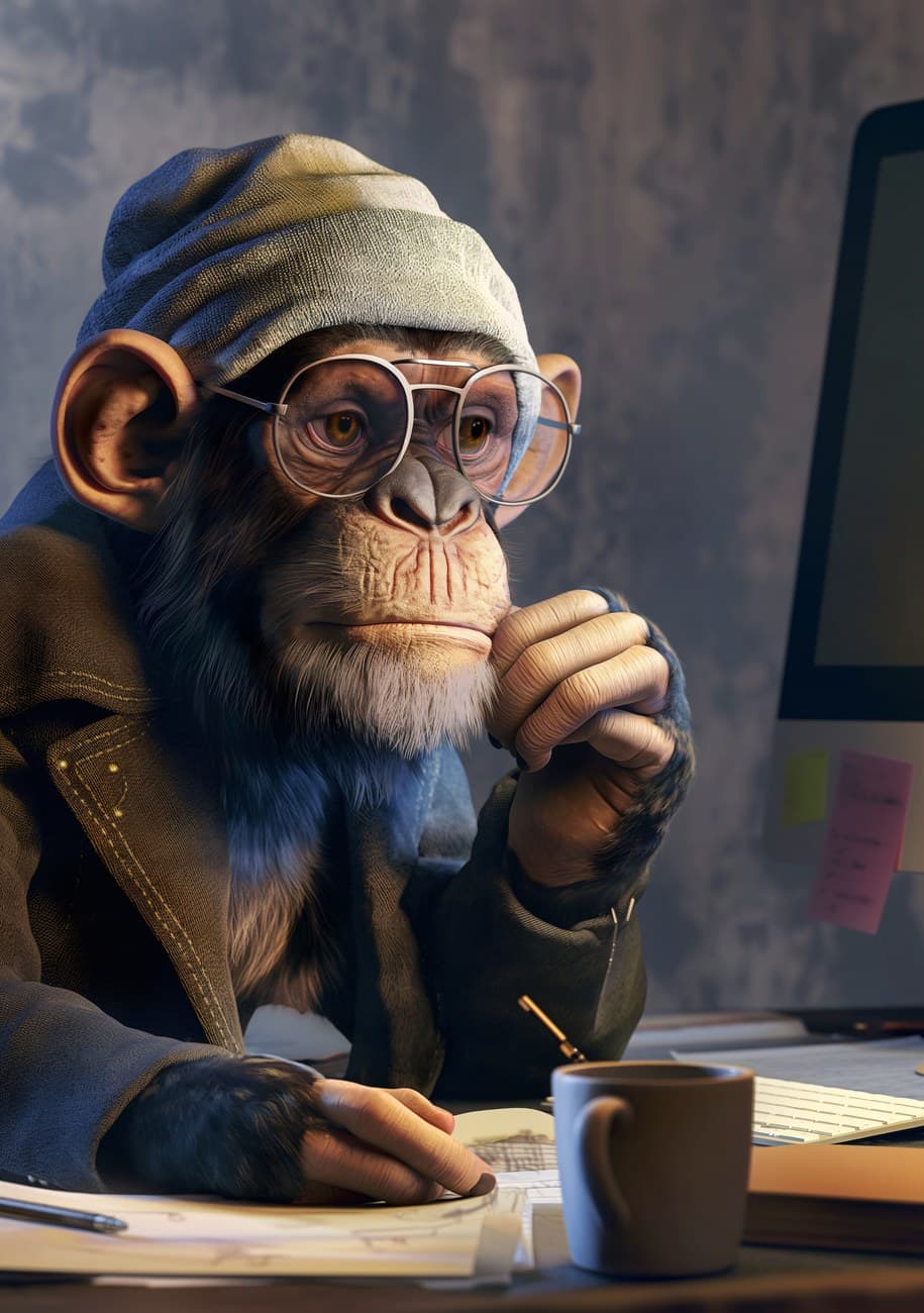 Chimpanzee In Glasses At Computer Desk
