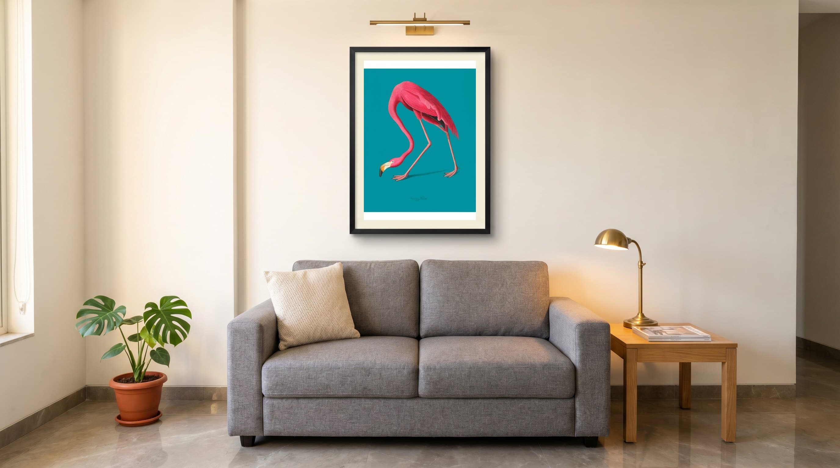 Pink Flamingo Teal Background Botanical — in situ