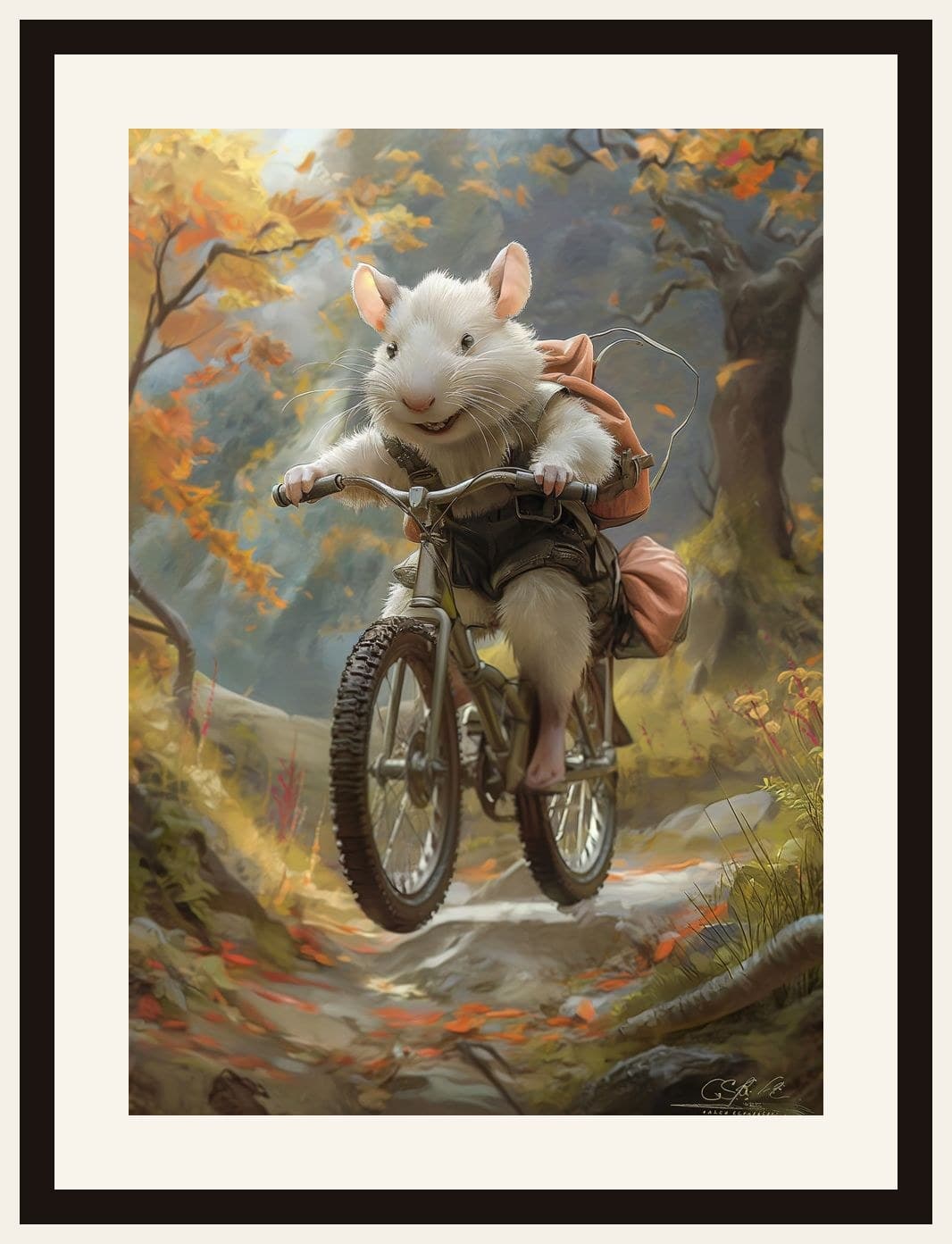 White Mouse Riding Bicycle Autumn Forest