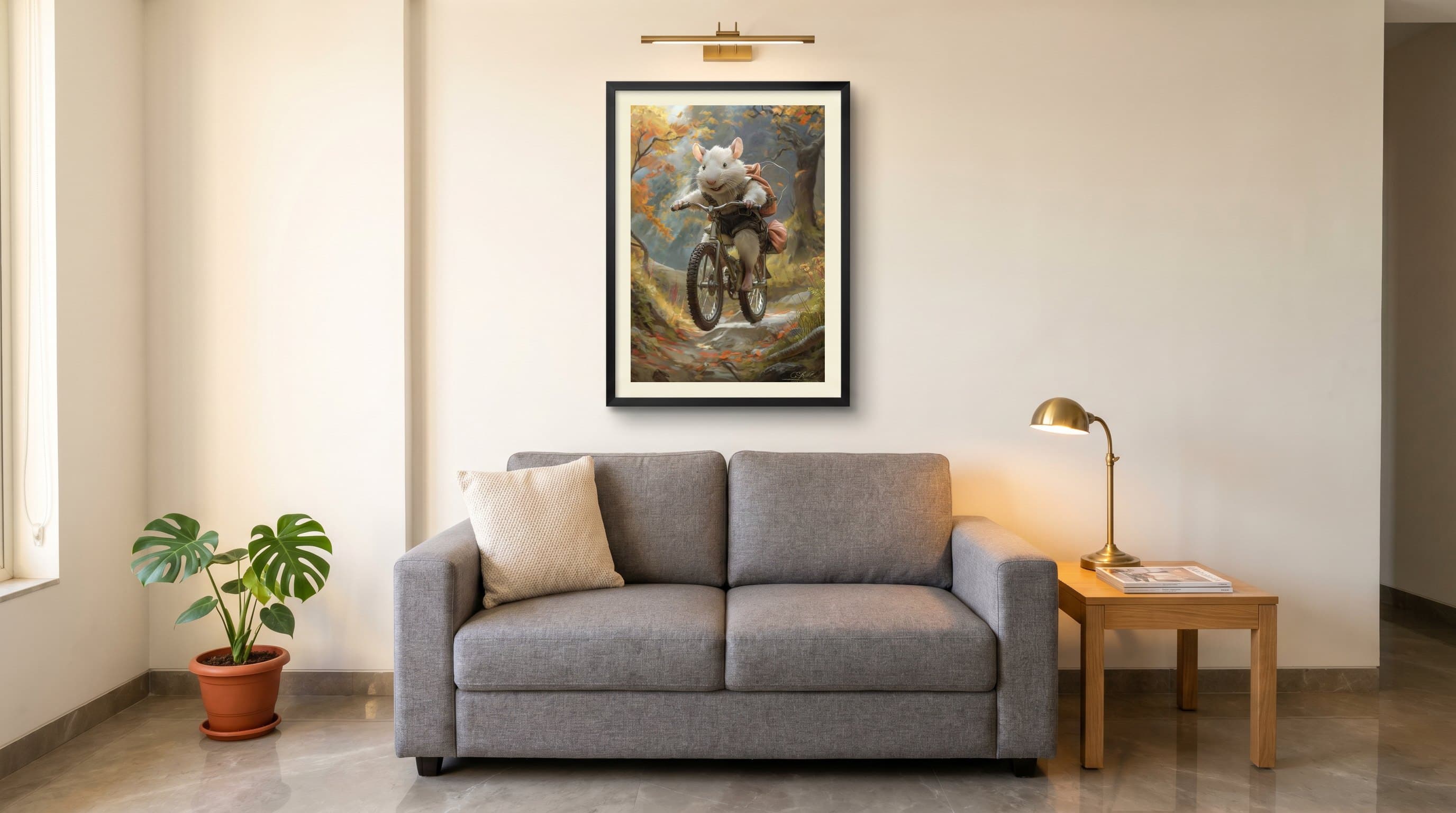 White Mouse Riding Bicycle Autumn Forest — in situ