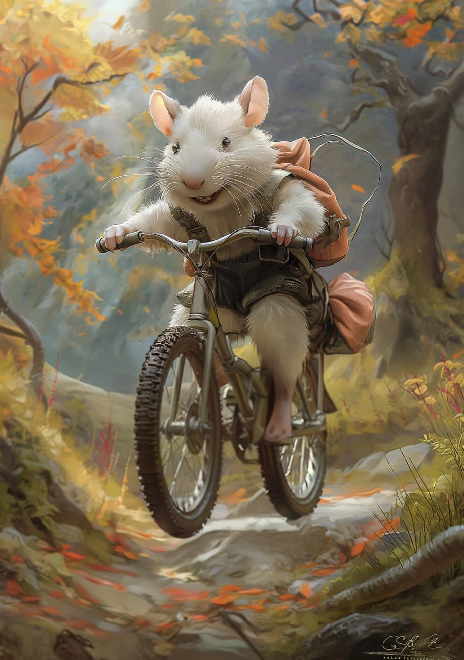 White Mouse Riding Bicycle Autumn Forest