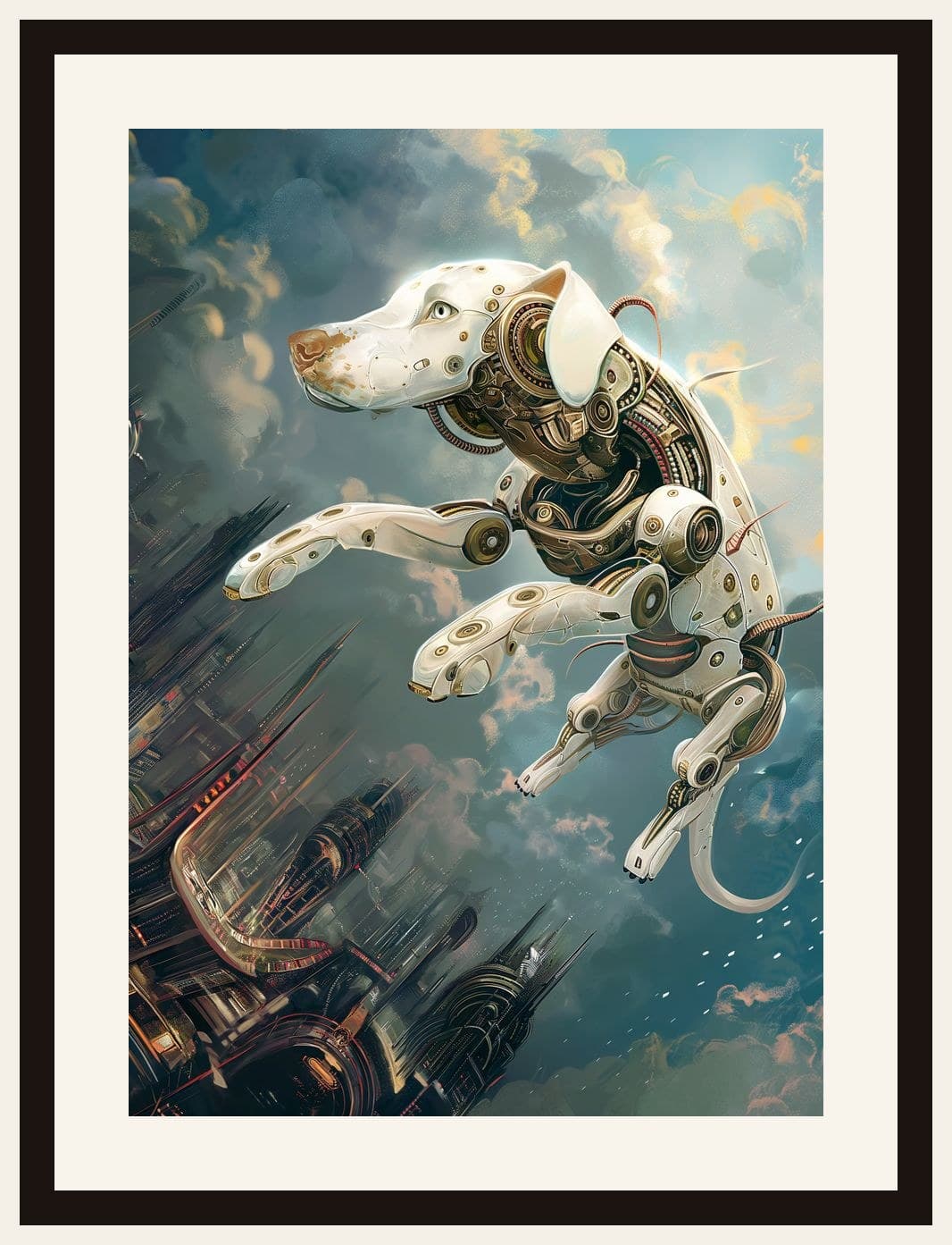Robotic Dalmatian Dog Flying Cityscape