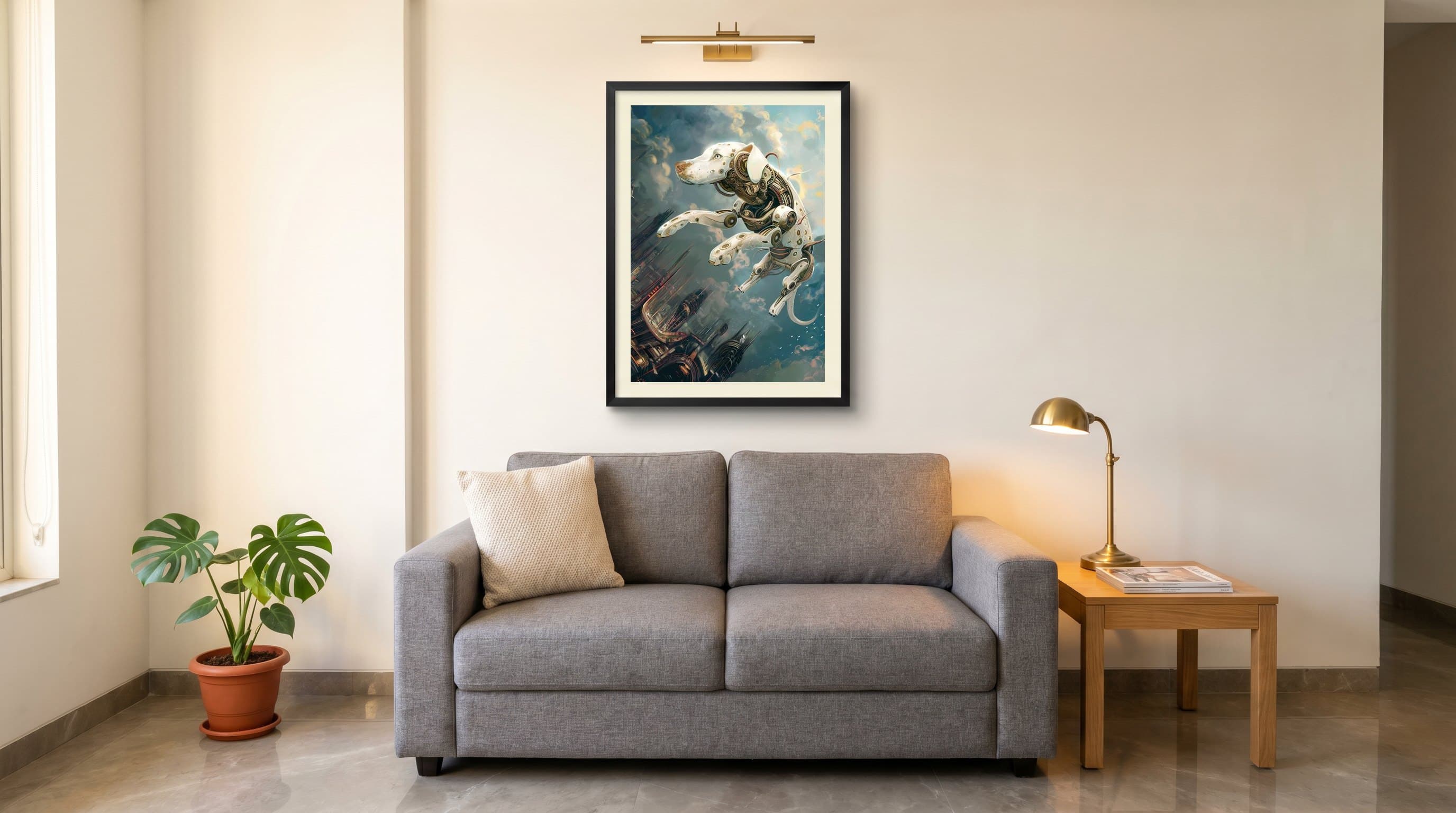 Robotic Dalmatian Dog Flying Cityscape — in situ