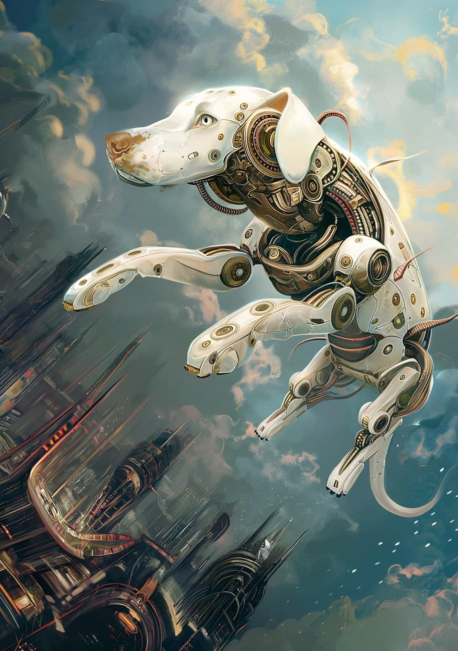 Robotic Dalmatian Dog Flying Cityscape